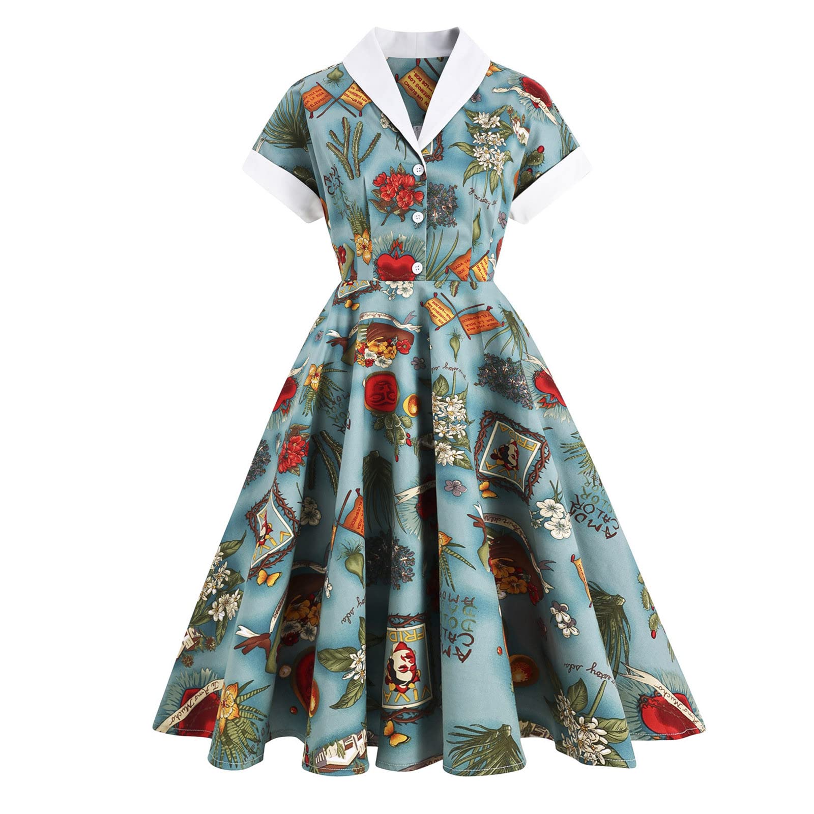OAVQHLG3B Women's Hepburn Style Cocktail Dress - Short Sleeve Lapel Button Dress for Wedding Guest, Retro Party & Court Events | Elegant Vintage Inspired Formal Attire for Cocktail Parties, Bridal Showers & Special Occasions
