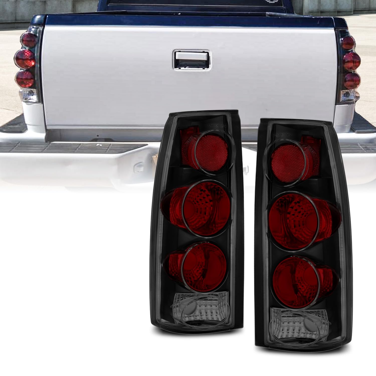 AmeriLite Dark Black Altezza Style Replacement Tail Lights for Chevy GMC C/K Truck, Silverado, Sierra, Suburban, Blazer, Tahoe, Yukon - Complete Set (Driver & Passenger Side) - Enhance Safety & Style for Night Driving, Off-Road Adventures & Custom Truck Builds
