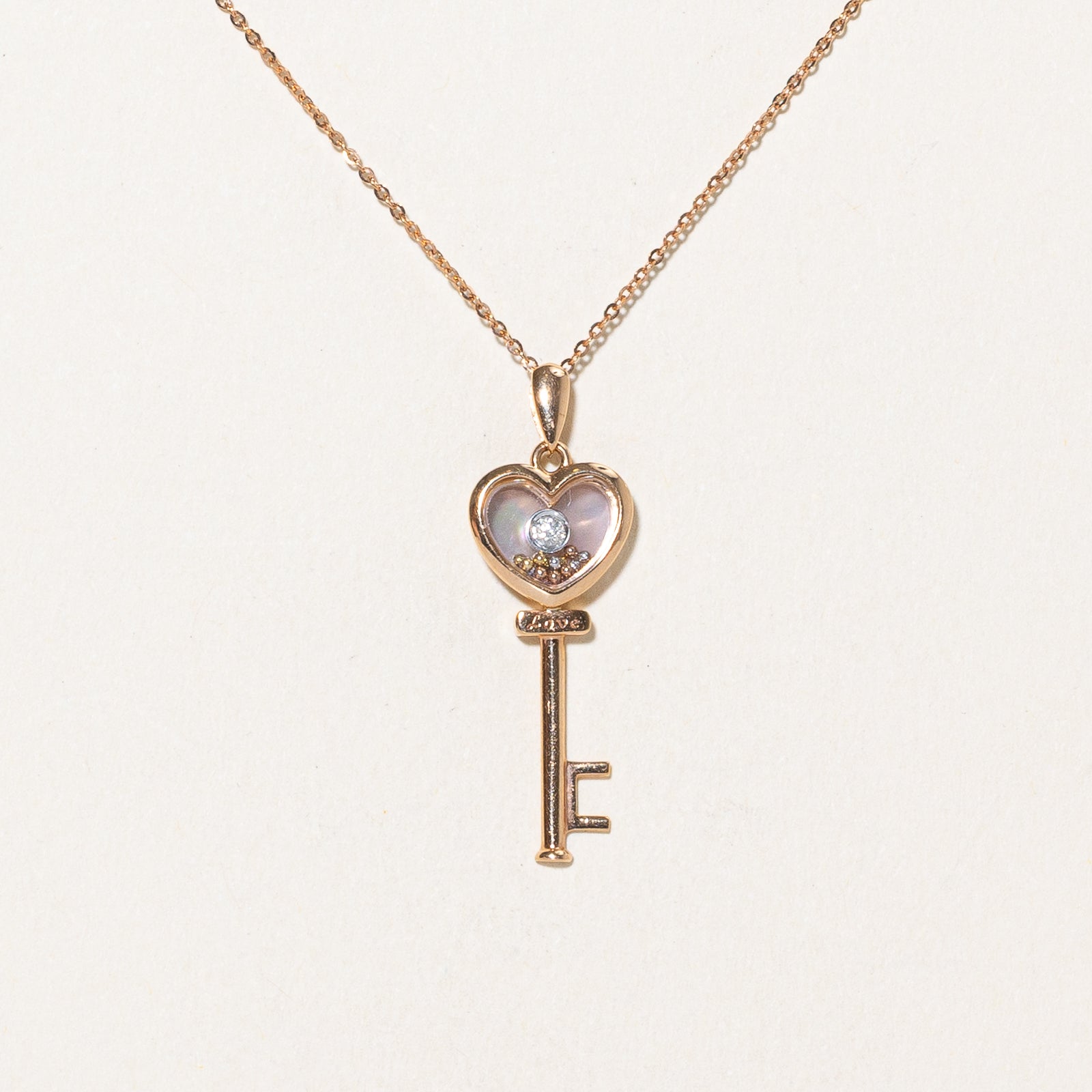 Exquisite Mother of Pearl & Diamond Key Pendant Necklace | 0.10ct Diamond | 18K Gold | Elegant Jewelry Gift for Women | Perfect for Anniversaries, Birthdays & Special Occasions