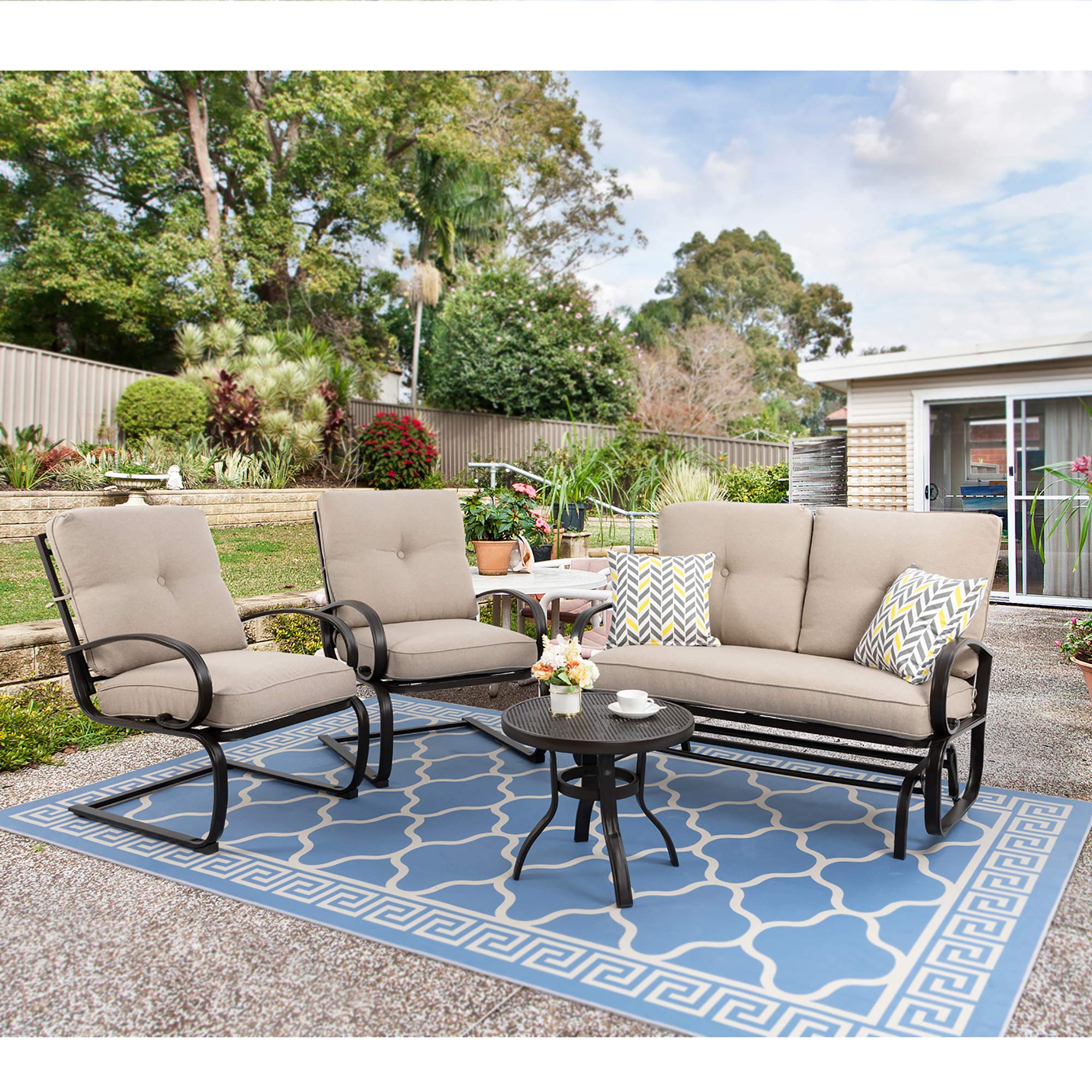 4-Piece Outdoor Patio Furniture Set with Glider Loveseat, Coffee Table & 2 Spring Chairs - Wrought Iron Frame with Beige Cushions for Garden, Backyard & Deck Relaxation