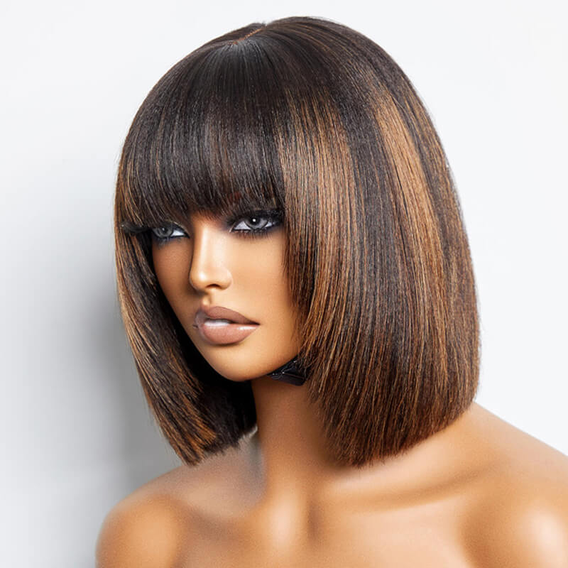 Eullair Short Bob Wig with Layered Cut Bangs - Glueless Straight Human Hair Lace Closure Wig (4x4 & 5x5) - Perfect for Cosplay, Daily Wear & Fashion Styling