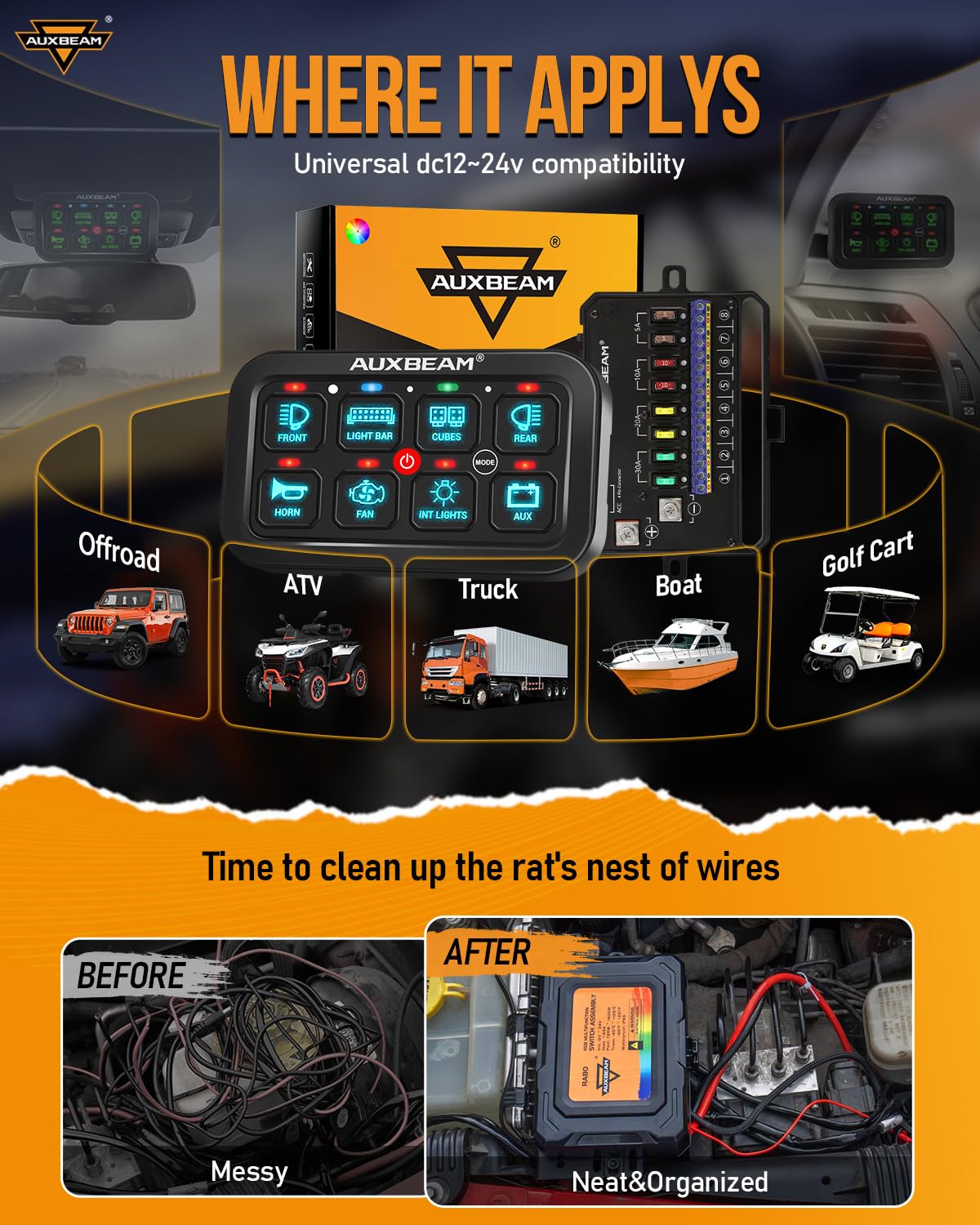 Auxbeam 8 Gang Switch Panel RA80 - Auto-Dimmable RGB LED Toggle Switch Panel with Momentary/Pulse Function, 12V-24V Waterproof Aluminum Switch Panel for Trucks, Offroad Vehicles, Cars, Boats & Marine Use - Perfect for Off-Roading, Overlanding & Marine Applications - 2 Year Warranty
