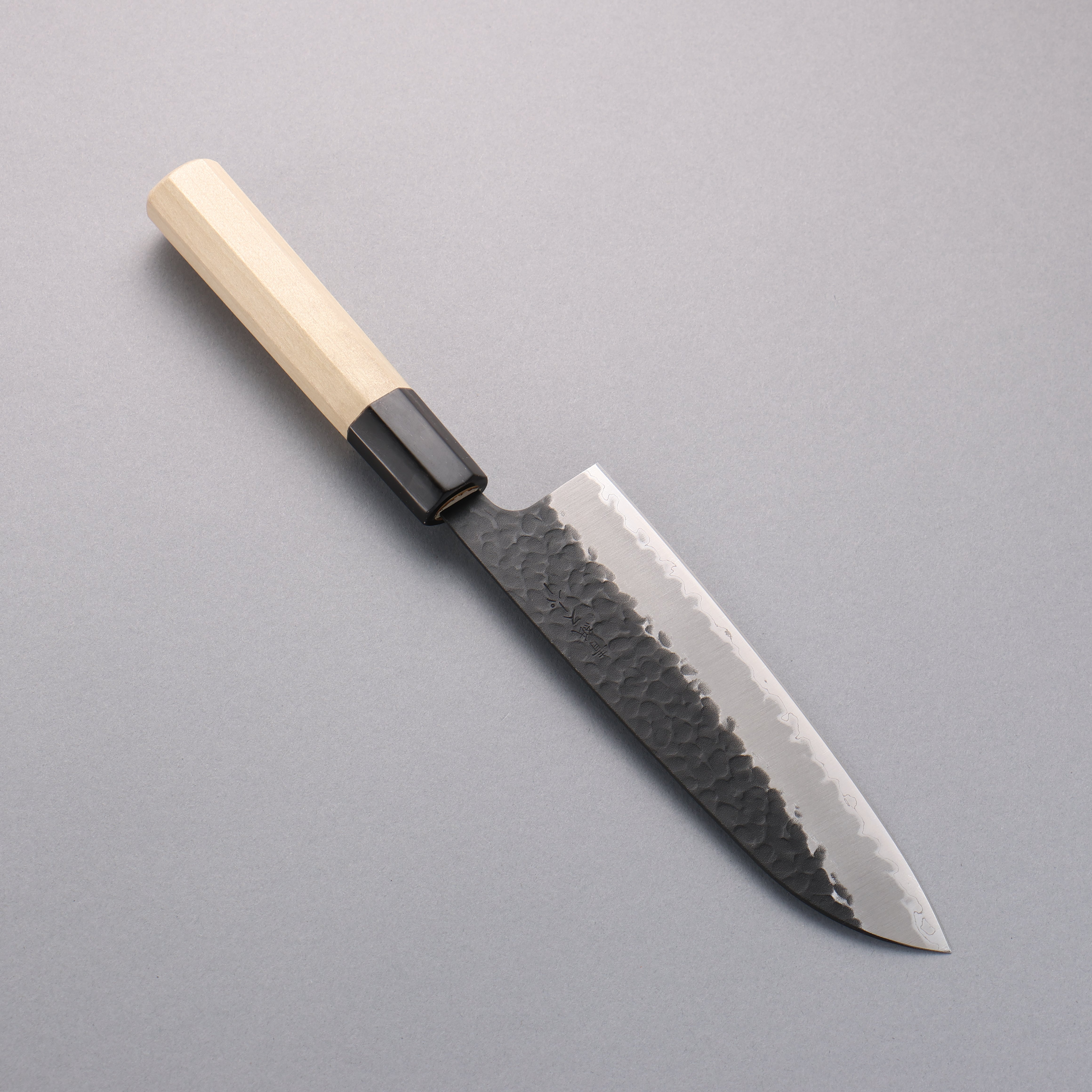 Premium OUL Blue Super Hammered Black Santoku Knife 165mm - Japanese Magnolia Wood Handle - Perfect for Slicing, Dicing & Chopping Vegetables, Meat & Fish
