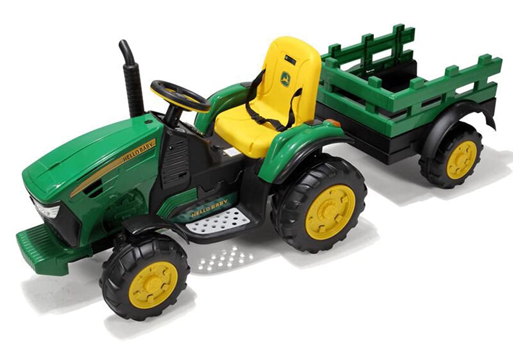 12V Battery Powered Ride-On Tractor Toy with Detachable Trailer - 2 Speed Electric Agricultural Vehicle for Kids, MP3 Player & LED Lights - Green Outdoor Play Tractor for Yard Work & Farm Pretend Play