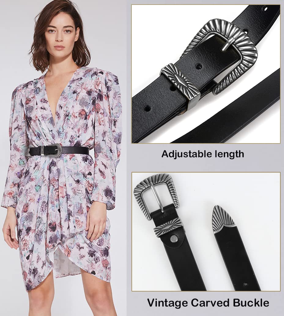 ALAIX Women's Leather Belts with Silver & Gold Buckle - Stylish Black Western Belts for Jeans & Pants | Perfect for Casual Outfits, Office Wear & Western Fashion