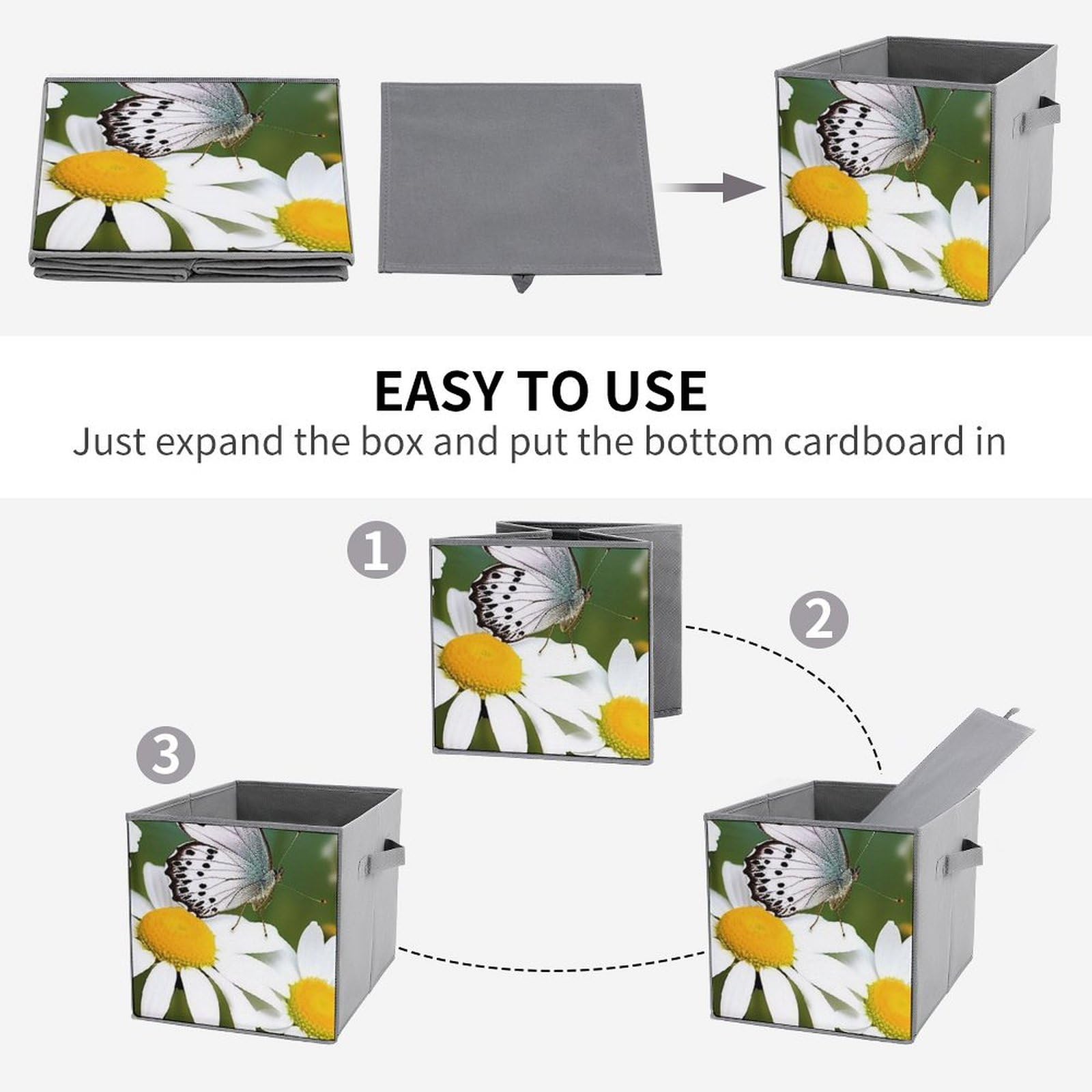 6-Pack Collapsible Butterfly Daisy Flower Storage Bins with Handles - Large Closet Organizer, Clothing Storage Boxes for Bedroom, Bathroom & Nursery Organization