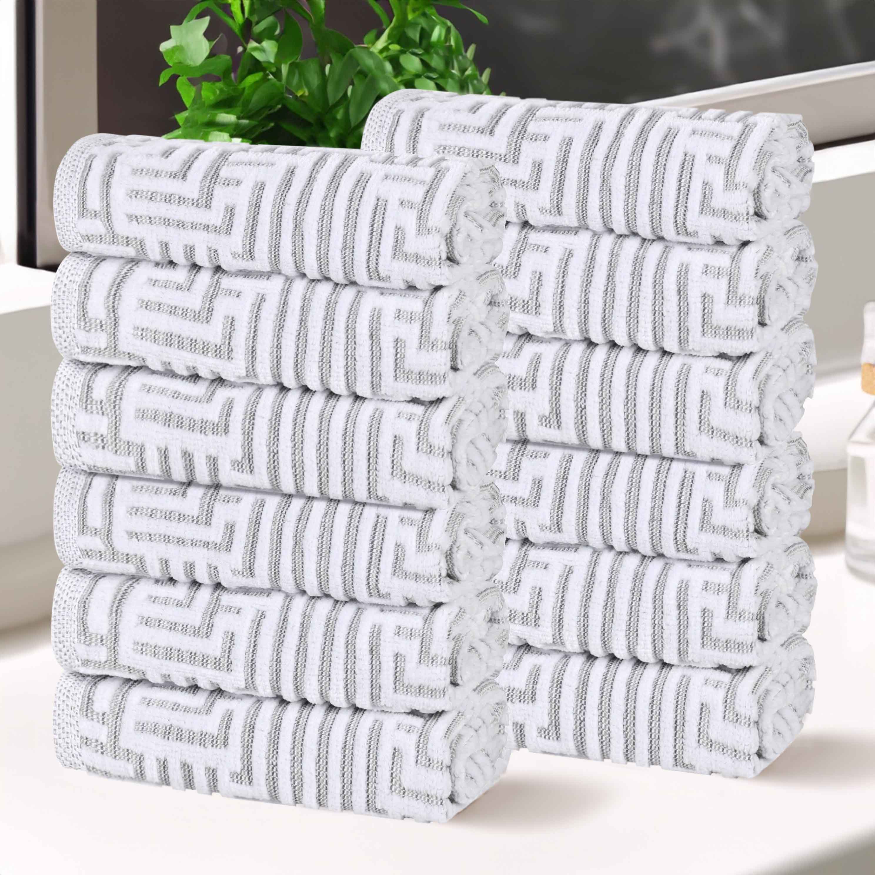 Premium Cotton Modern Geometric Jacquard Plush Face Towel Washcloth Set of 12 - Soft Bath & Spa Essentials for Gentle Skin Care & Luxury Home Decor