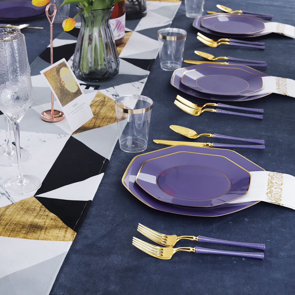 140-Piece Purple Plastic Party Set with Gold Rim Plates, Gold Silverware, Clear Cups & Napkins - Elegant Disposable Tableware for Mardi Gras, Mother's Day & Special Occasions - Perfect for Weddings, Birthday Parties & Holiday Gatherings