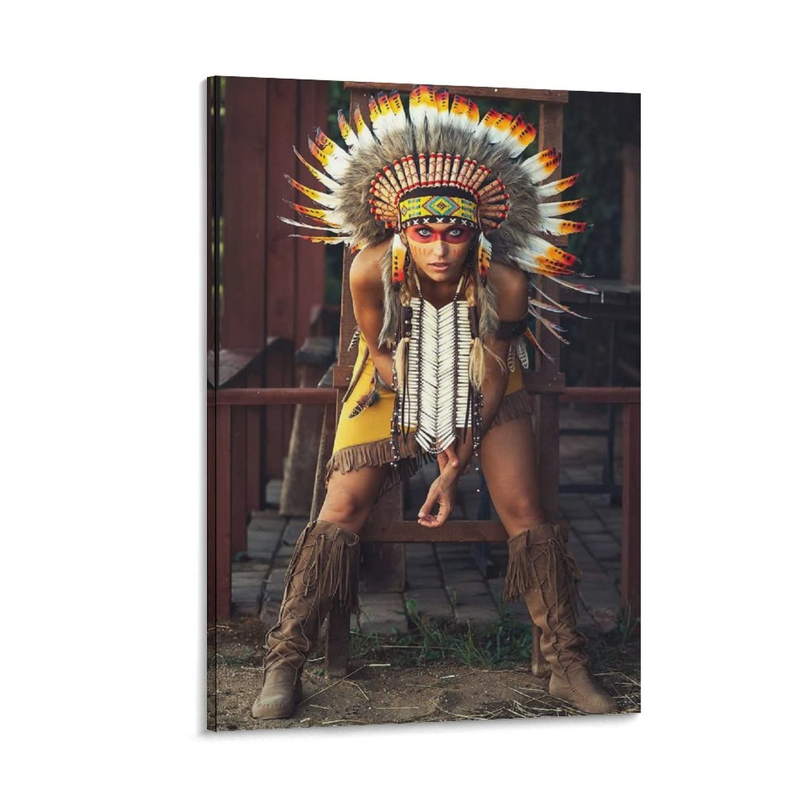 Native American Indian Girl Canvas Wall Art Print - 24x36 Inch (60x90cm) Framed Poster for Living Room, Bedroom & Office Decor - Perfect for Boho, Southwest & Tribal Style Home Decorations