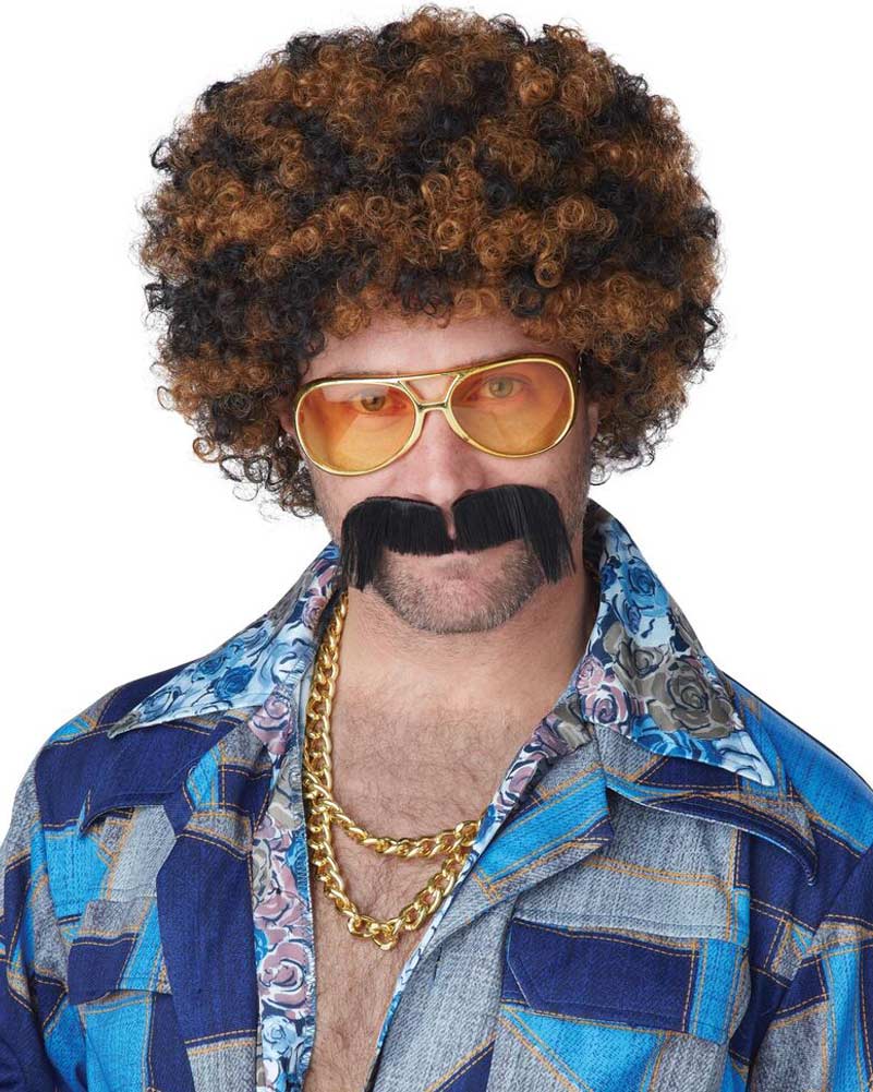 70s Disco Afro Wig with Mustache - Black & Brown Costume Wig for Halloween, Cosplay, and 70s Theme Parties - Perfect for Disco Nights, Retro Events, and Vintage Dress-Up