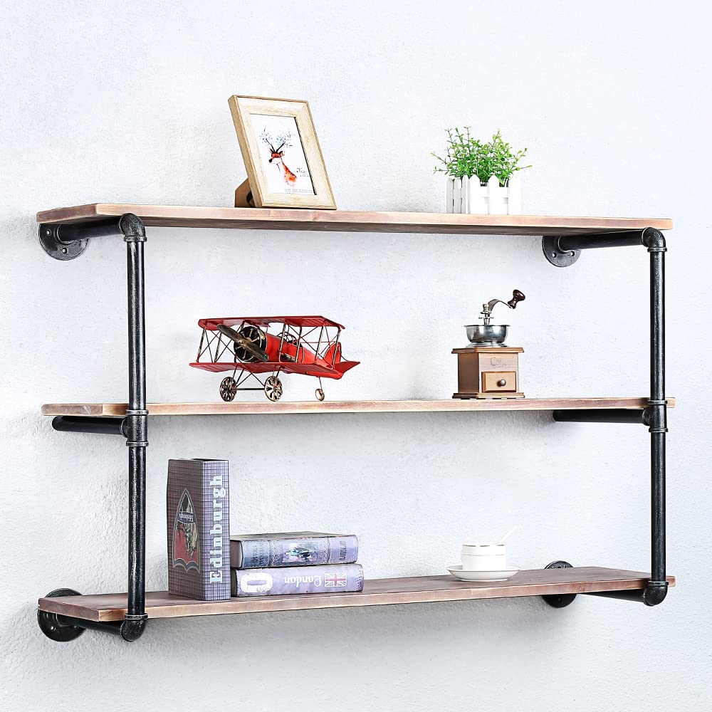 Industrial Pipe Floating Shelves - 3 Tier 42 Inch Wall Mounted Wood & Metal Shelf for Books, Decor & Storage | Rustic Home Office, Living Room & Bedroom Organization