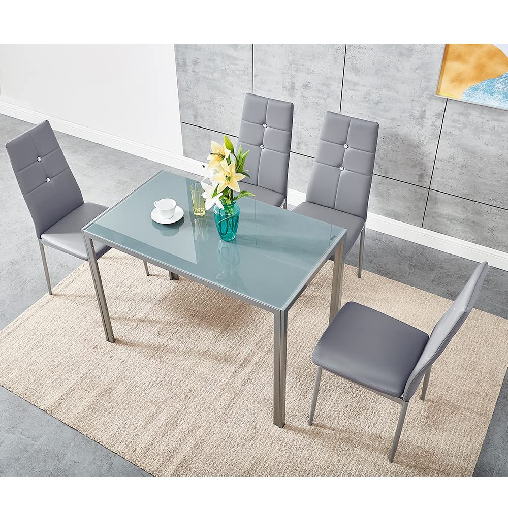 Modern Glass Dining Table Set with 4 Faux Leather Chairs - 105