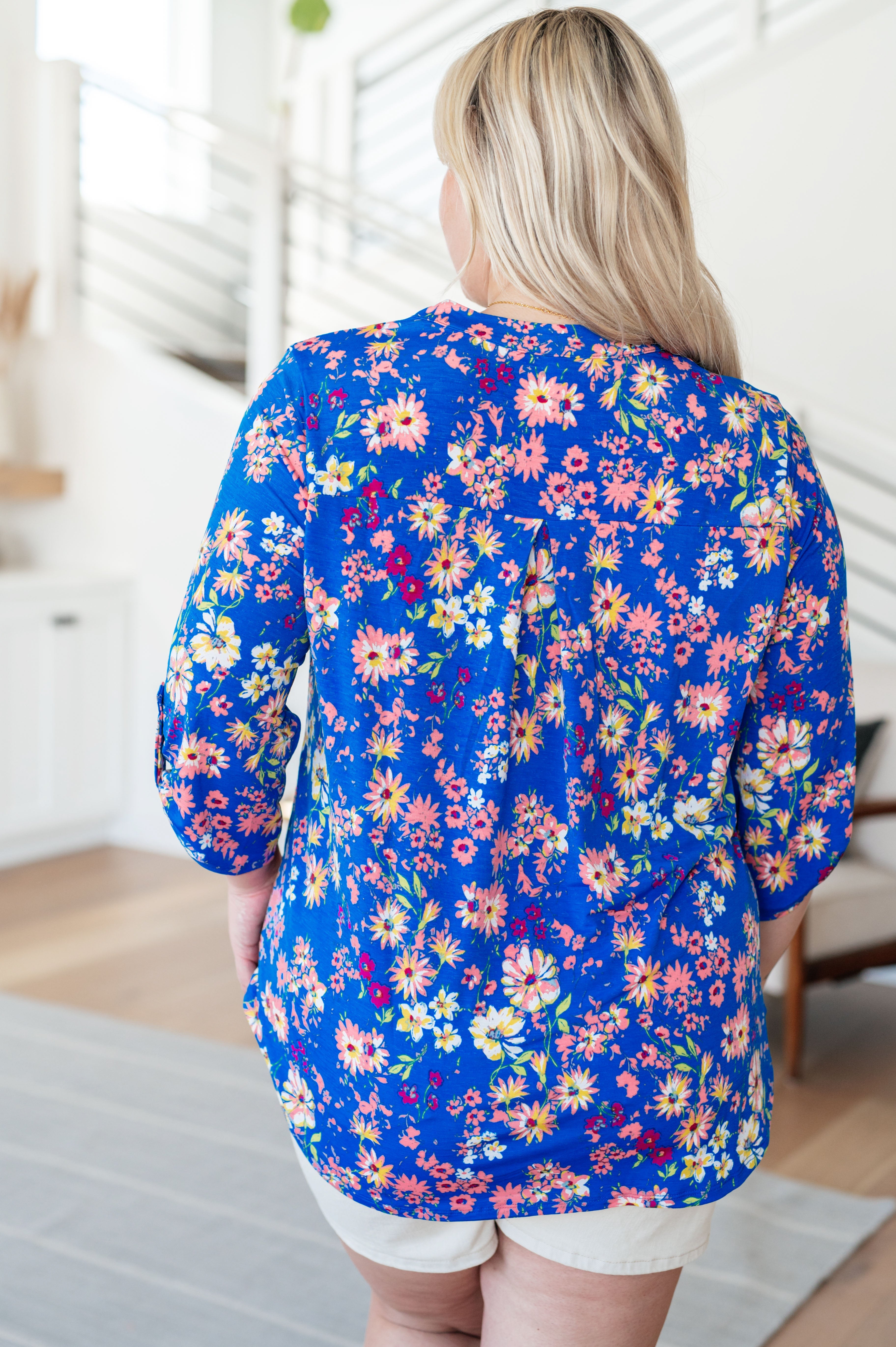 Lizzy Top - Royal & Blush Floral Print Women's Blouse | Perfect for Casual Outings, Date Nights & Spring Fashion