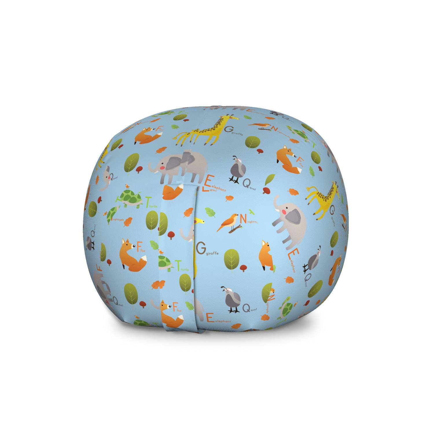 Ambesonne Alphabet Storage Toy Bag Chair - Large Washable Stuffed Animal Organizer with Funny Animal & Tree Letters Pattern in Pale Sky Blue & Multicolor - Perfect for Kids' Room, Playroom & Nursery Organization