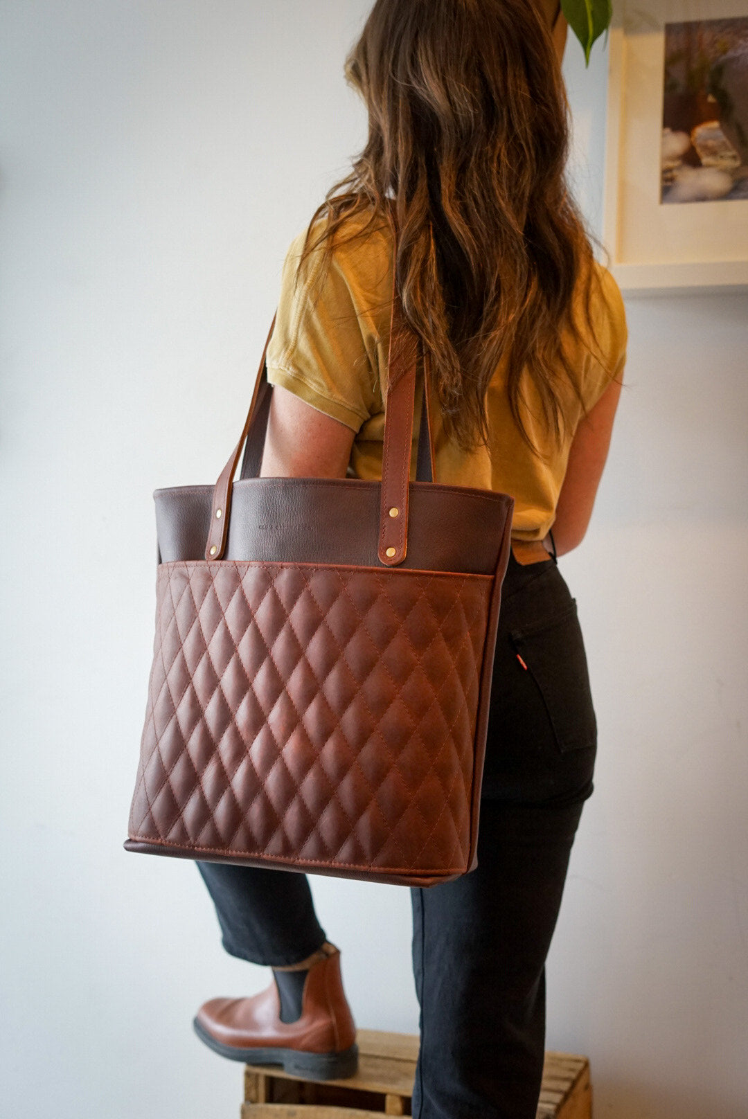 Stylish Diamond Stitch Tote Bag - Pebbled Brown & Dark Amber Harness Leather - Perfect for Work, Travel & Everyday Use