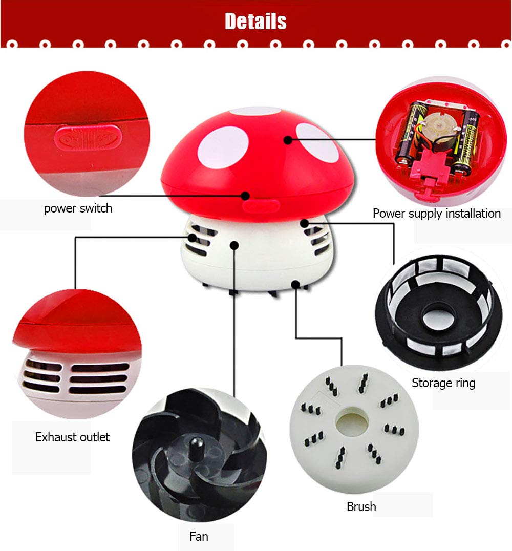 Mini Cute Mushroom Shaped Portable Vacuum Cleaner - Compact Desk & Corner Dust Sweeper for Home & Office (Red) | Perfect for Small Spaces, Keyboard Cleaning & Pet Hair Removal