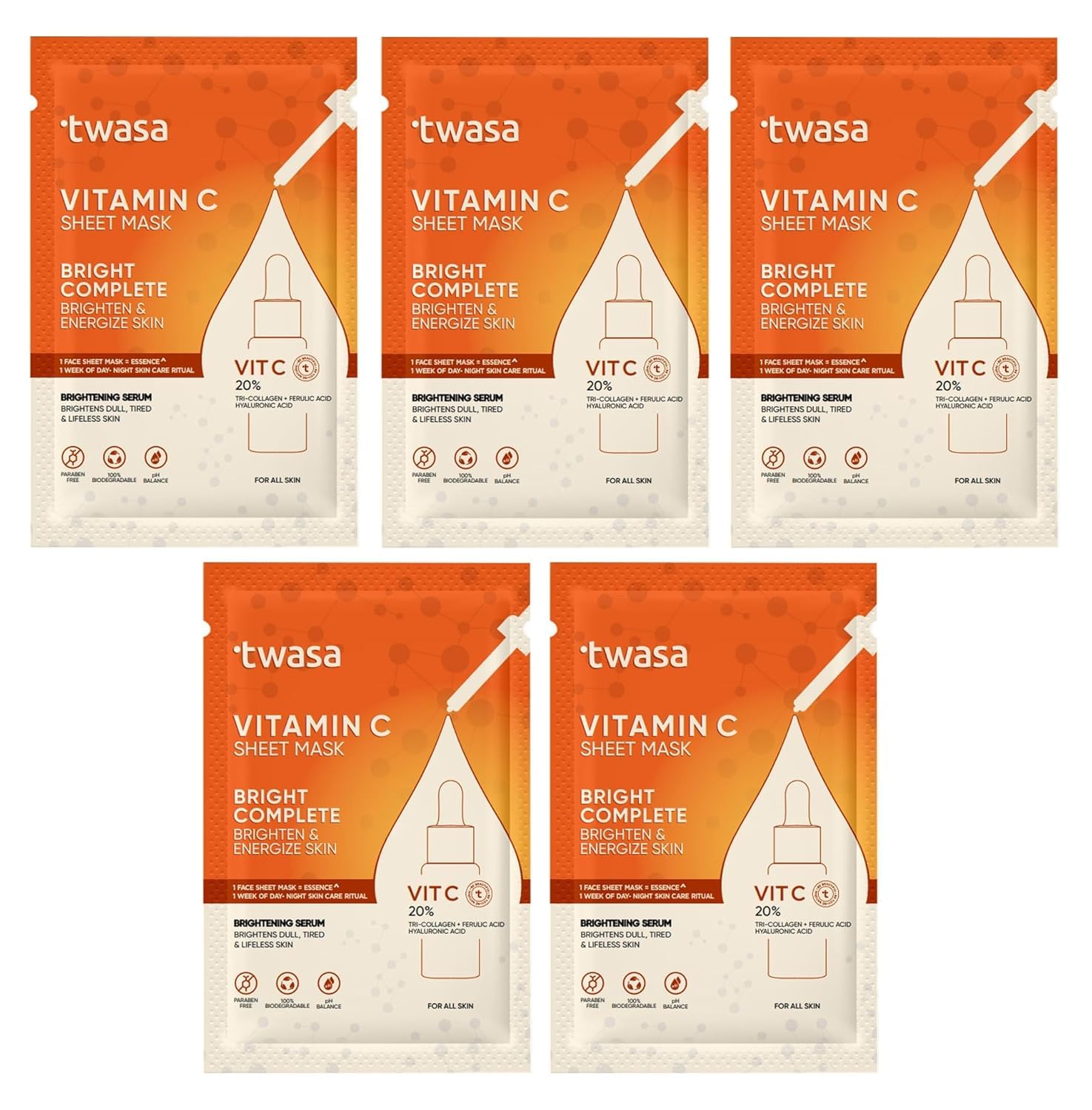 **Twa'sa Vitamin C Serum Face Sheet Mask - Korean Brightening & Dark Spot Correcting Glow Mask for Men & Women | Hydrating & Revitalizing for Glowing Skin | Perfect for Daily Skincare & Spa Nights**