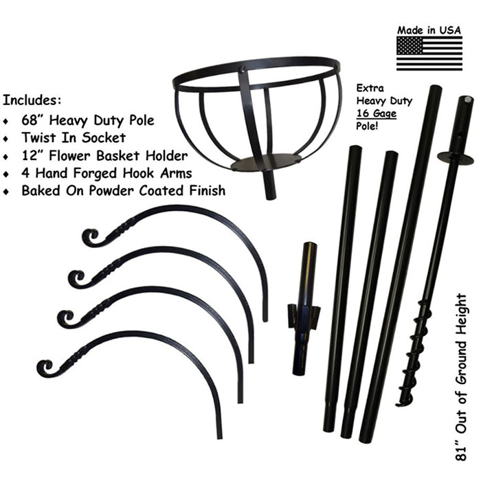 Heavy Duty 4-Arm Garden Pole with Twister & Flower Basket - Perfect for Outdoor Plant Support, Hanging Baskets, and Garden Decor