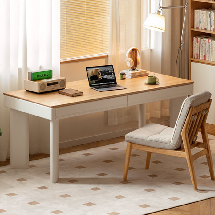 Modern Cream Oak & Poplar Solid Wood Computer Desk with Drawer - Home Office Workstation for Study, Gaming & Remote Work