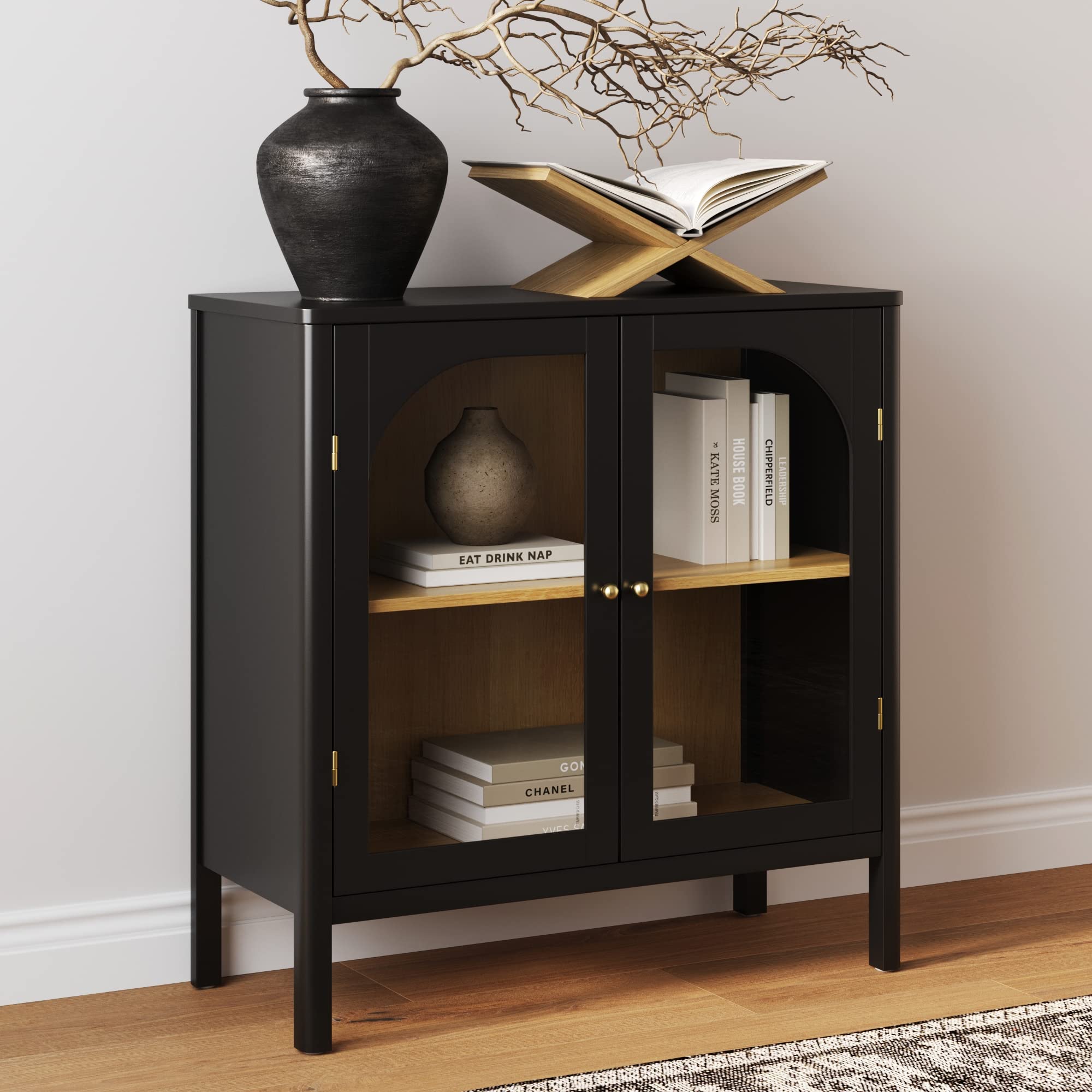 Nathan James Mason Modern Storage Cabinet - Black Oak Wood Buffet Sideboard with Glass Doors & Adjustable Shelf - Free Standing Accent Credenza for Dining Room, Entryway, Living Room - Perfect for Home Organization & Stylish Storage Solutions