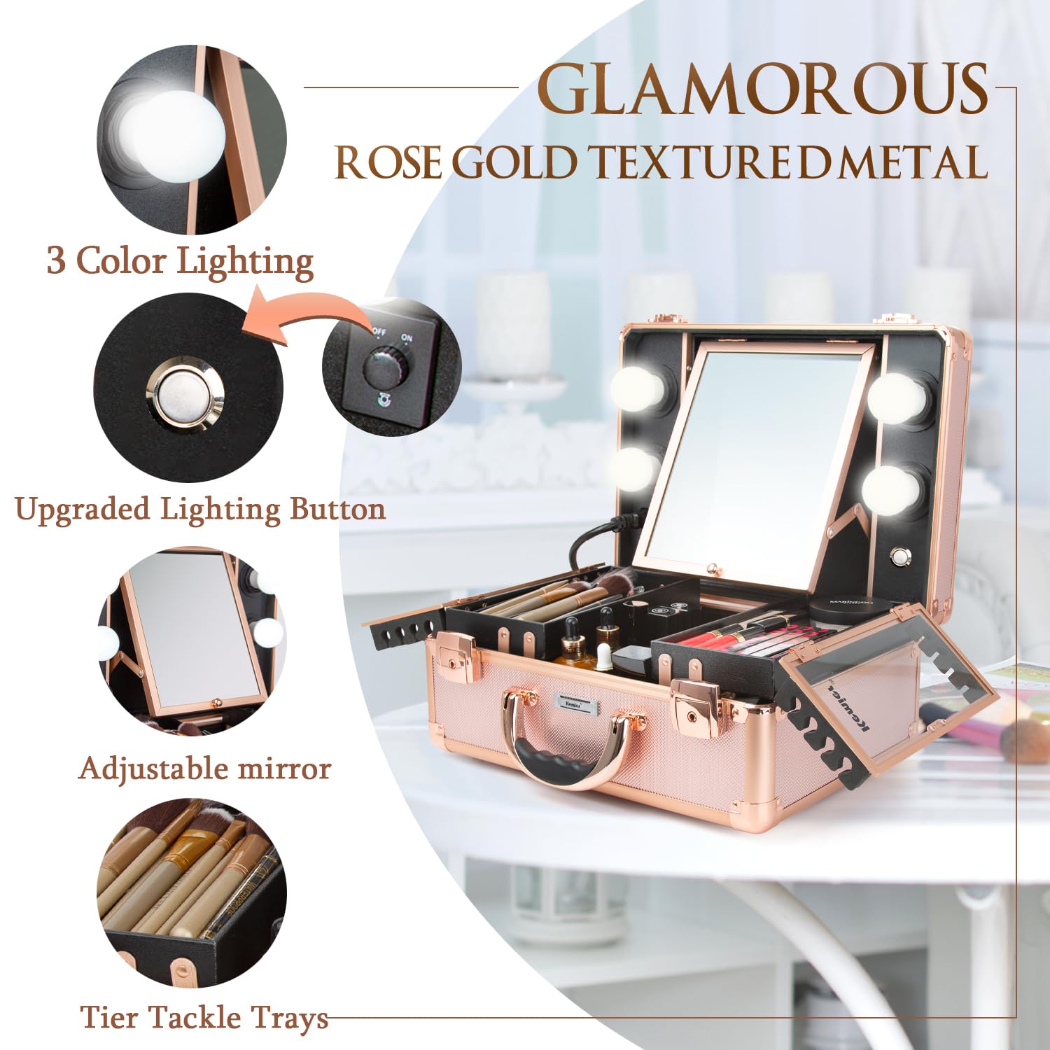Kemier Professional Makeup Train Case with LED Lights & Mirror - Large Cosmetic Organizer Box with Custom Dividers, Rose Gold Makeup Artist Kit for Travel & Salon Use