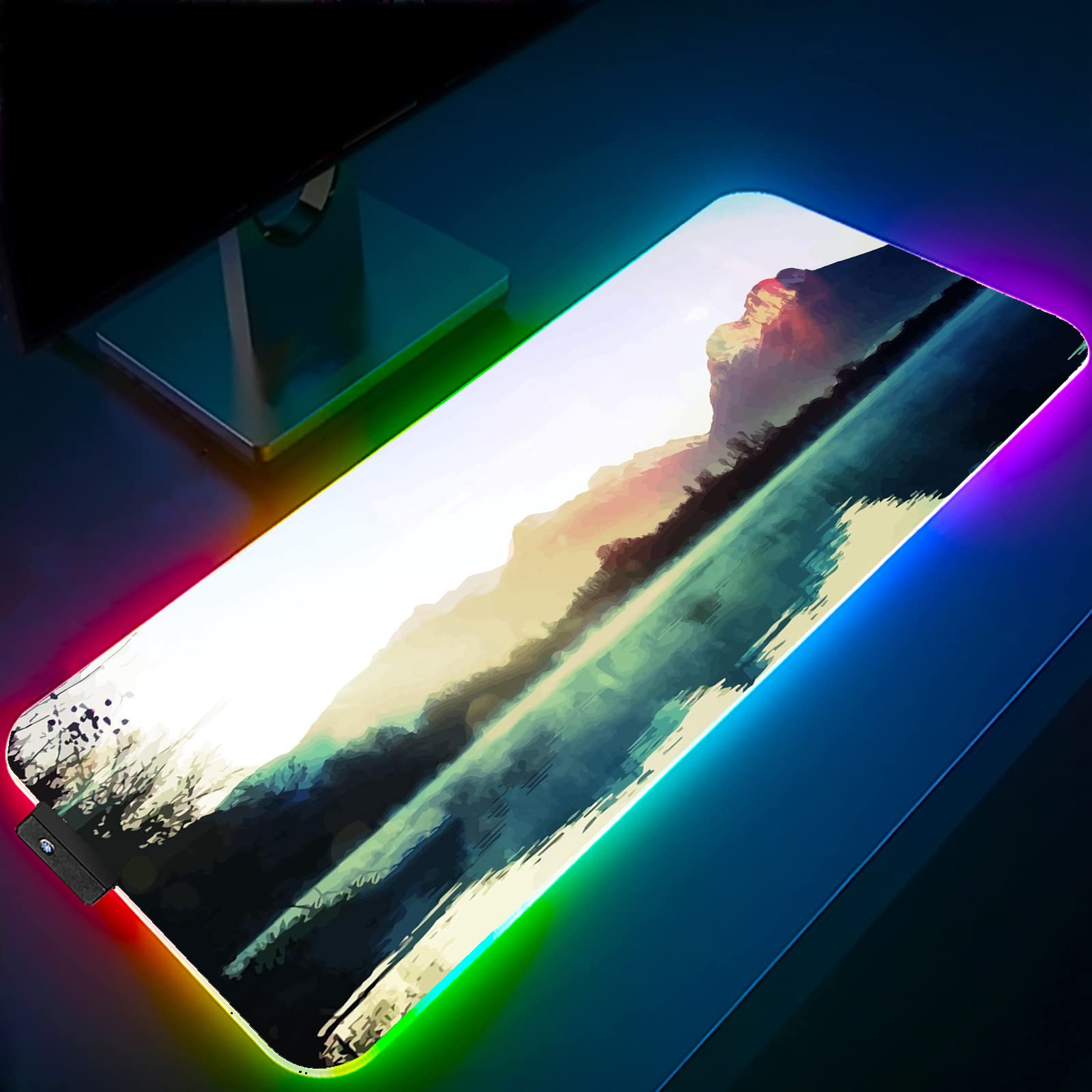 Large RGB Gaming Mouse Pad with 14 Lighting Modes - 39.3x19.6 Inch Extended LED Mouse Mat Featuring Nature Lake Landscape Design - Perfect for Gaming Setup, Office Work & Computer Desk Accessories