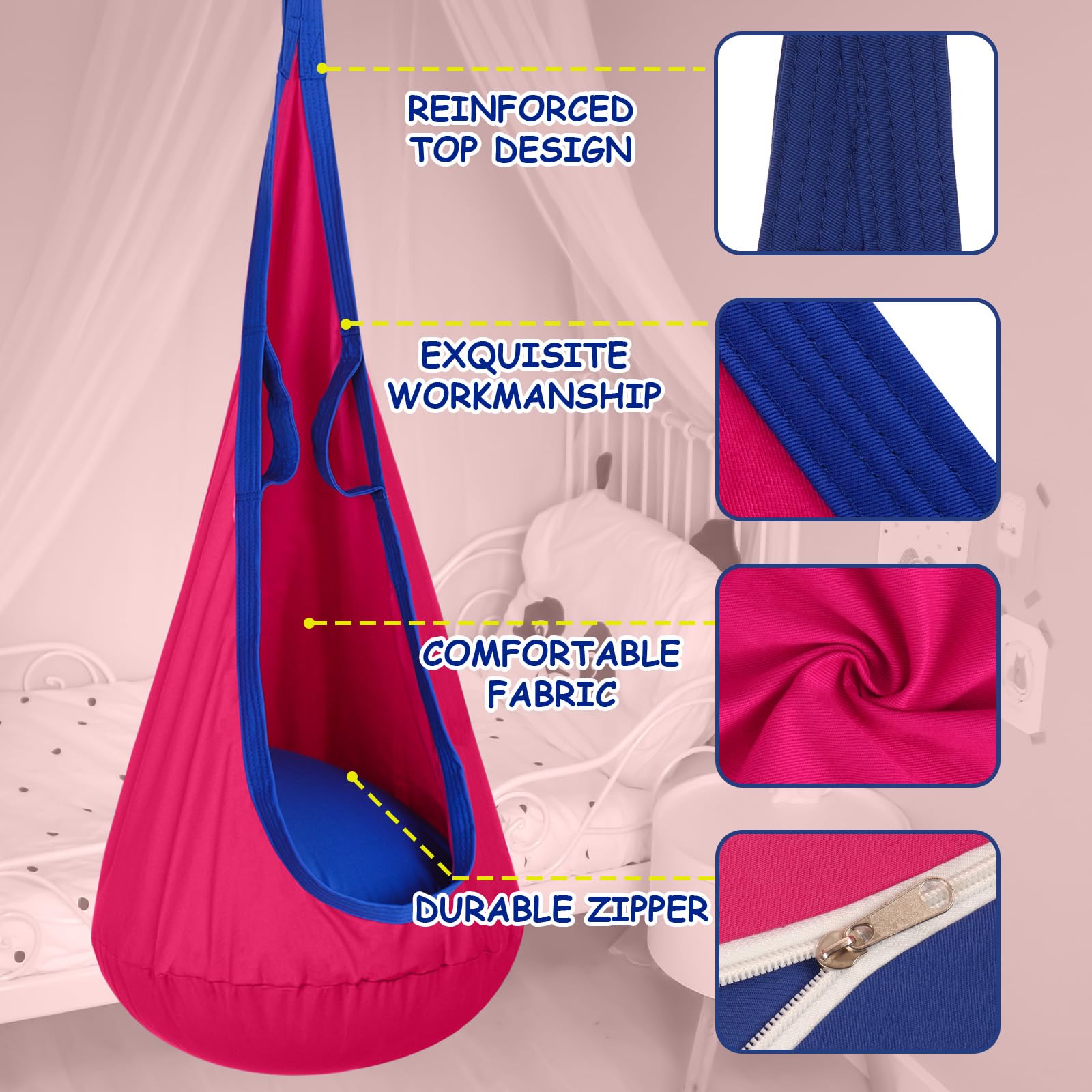 Highwild Kids Pod Swing Seat - Hanging Hammock Chair with Inflatable Pillow & Storage Pocket - Sensory Swing for Indoor/Outdoor Use - Supports Up to 176 lbs (Pink & Blue) - Perfect for Playrooms, Backyards & Sensory Therapy Spaces