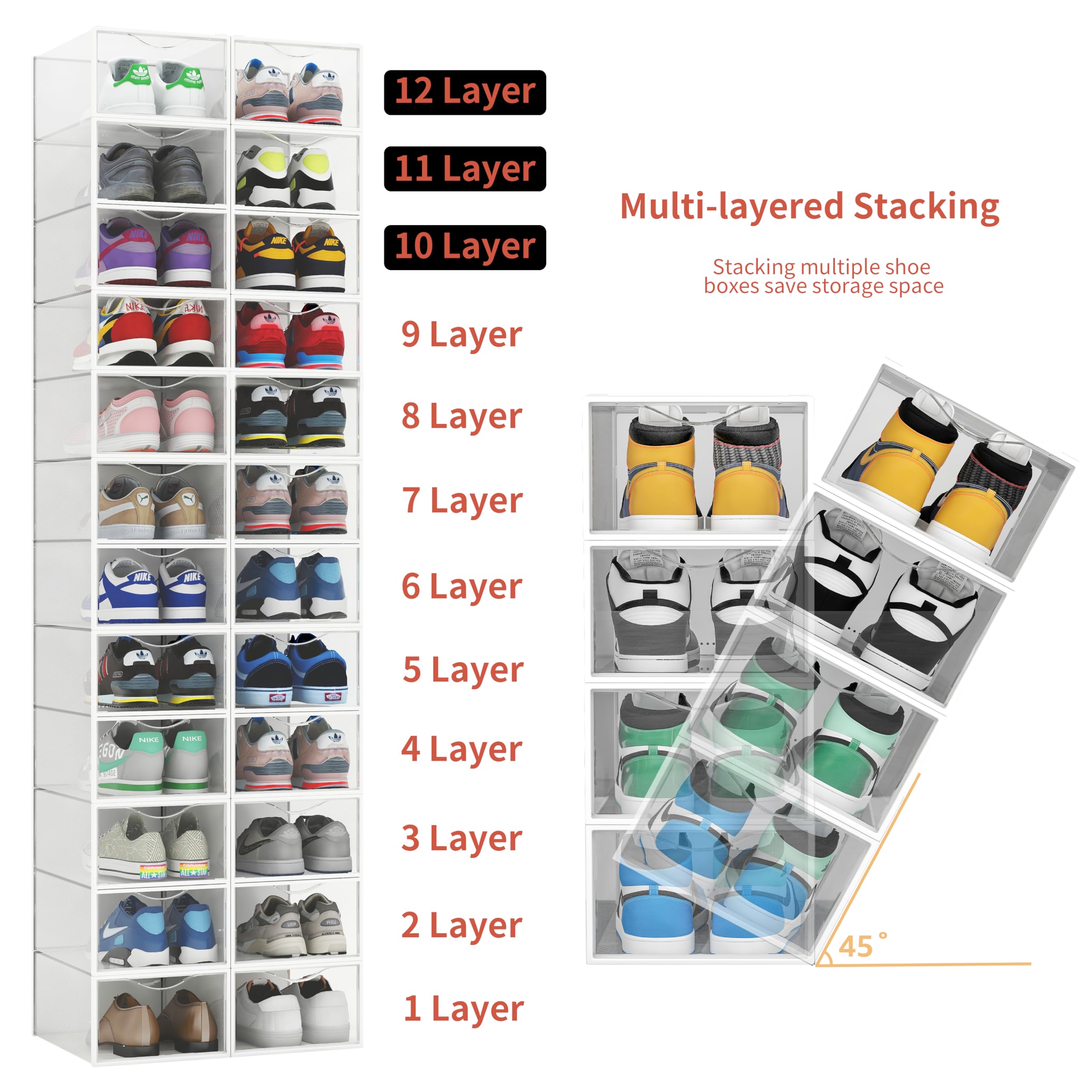 12 Pack Clear Plastic Stackable Shoe Storage Bins - Foldable Shoe Organizer for Closet & Sneaker Holder | Space Saving Shoe Box Container for Home, Office & Dorm Organization