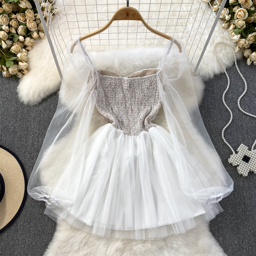 Elegant Square Neck Long Sleeve Mesh A-Line Fluffy Princess Dress for Women - Perfect for Summer Weddings, Parties & Special Occasions