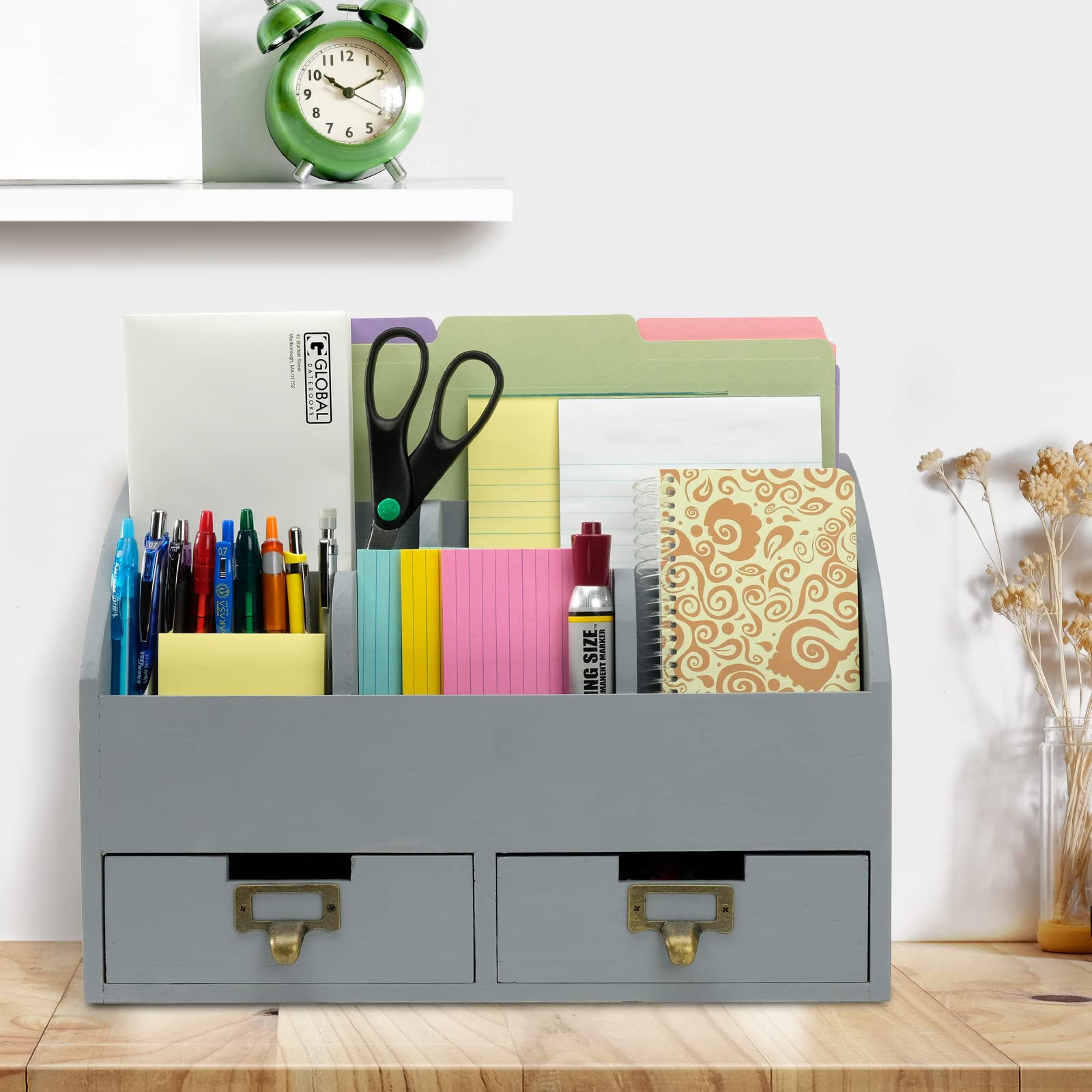 Wooden Desk Organizer with 6 Compartments & 2 Drawers - Solid Gray Office Supplies Storage for Pens, Files, and Stationery - Perfect for Home Office and Workspace Organization