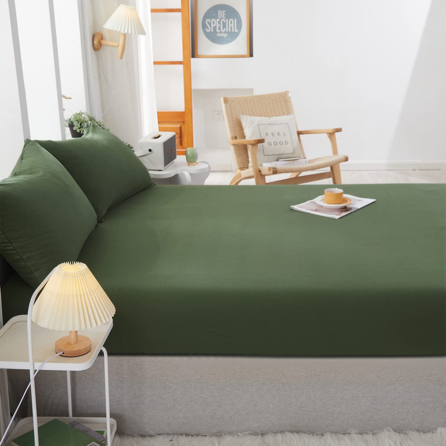 LIFETOWN 100% Jersey Knit Cotton Sheet Set - Ultra Soft Wrinkle-Free Deep Pocket Fitted Sheet with 2 Pillowcases (Queen Size, Olive Green) | Perfect for Cozy Bedroom, Guest Room & Dorm Comfort