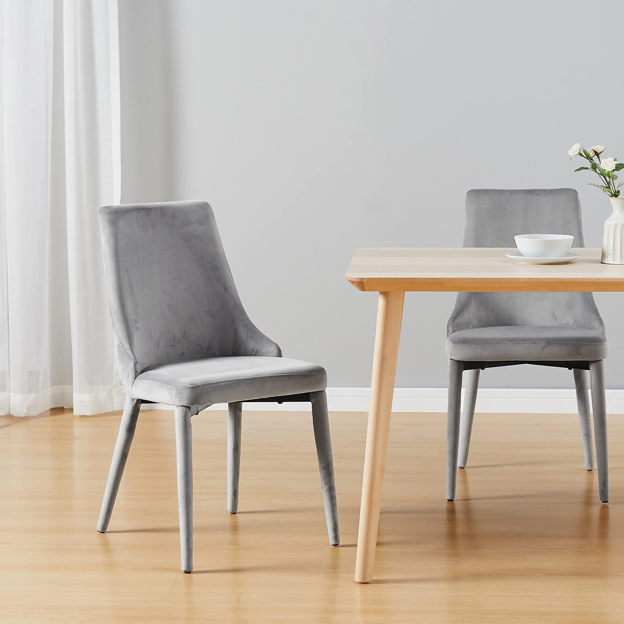 Mid Century Modern Dining Chairs Set of 2 - Gray Fabric Upholstered Side Chairs with Brown Metal Legs for Living Room & Kitchen | Comfortable Seating for Home, Office & Restaurant