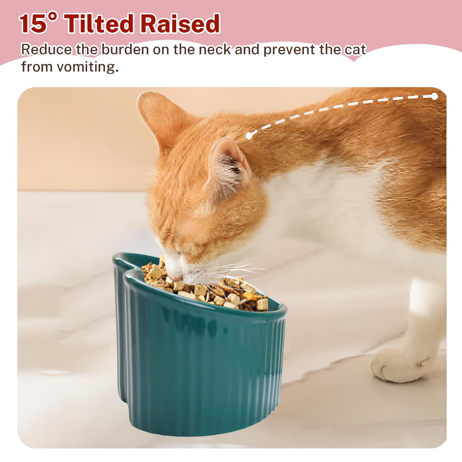 Elevated Cat Bowls - Raised Ceramic Cat Food & Water Dish Set for Indoor Cats - Whisker Friendly, Anti-Vomit, Tilted Design - White & Dark Green - Perfect for Small Pets, Puppies & Kittens (Great for Home, Kitchen, or Pet Feeding Station)