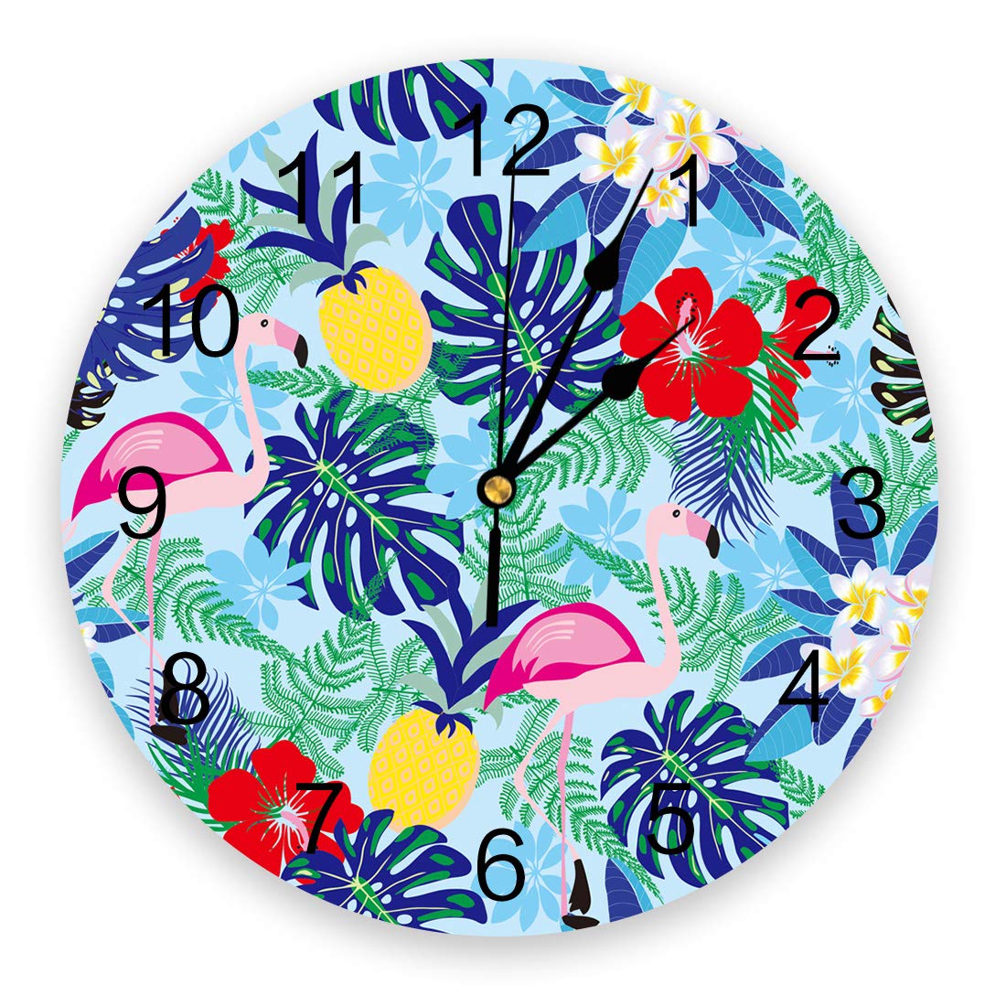 Silent Non-Ticking Wall Clock - 9.8 Inch Flamingo Tropical Flower Design with Nordic Leaves - Battery Operated Quartz Round Clock with Arabic Numerals - Perfect for Living Room, Bedroom & Office Decor
