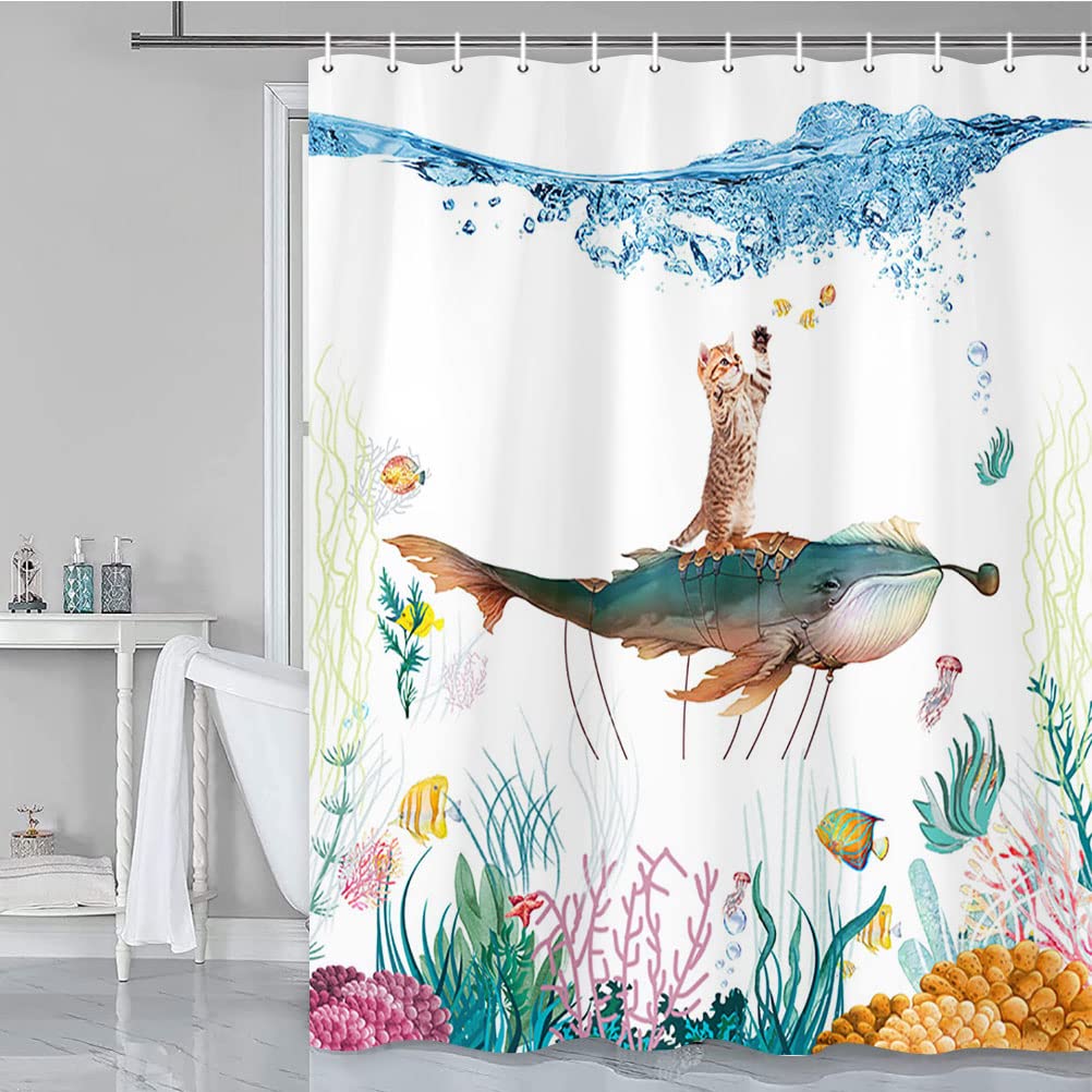 Funny Cat Shower Curtain for Kids & Girls - Cute Cats Riding Blue Whale Diving Design, Adorable Baby Bathroom Decor with Farmhouse Tropical Fish Coral Turtle Underwater Theme - Perfect for Kids' Bathrooms, Beach House Decor & Ocean-Themed Nursery