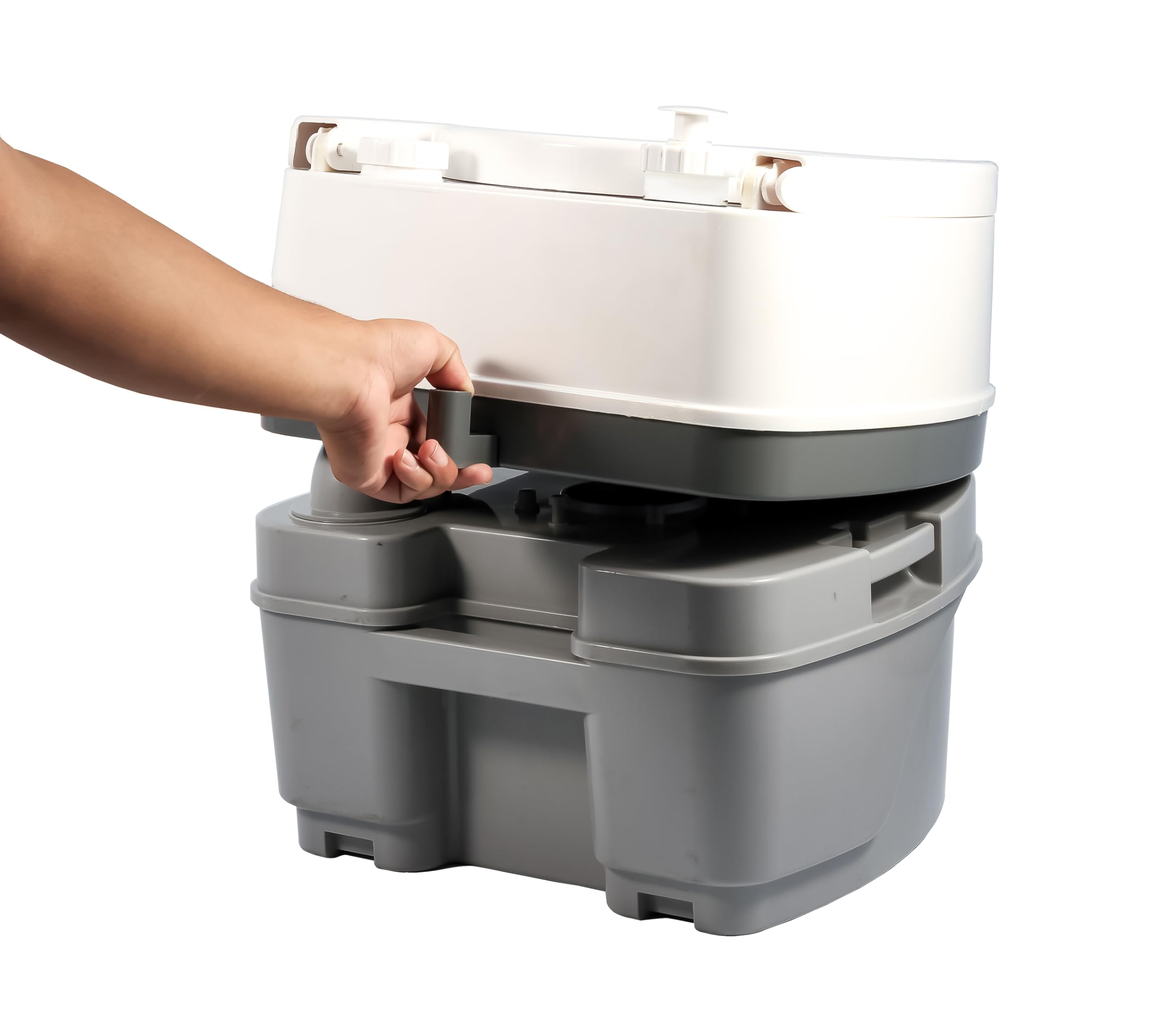 Camco Premium Portable Travel Toilet - 2.6 Gallon Capacity with 3-Way Flush & Swivel Dumping Elbow | Lightweight & Compact for Camping, RV Trips & Emergency Use (Model 41535)