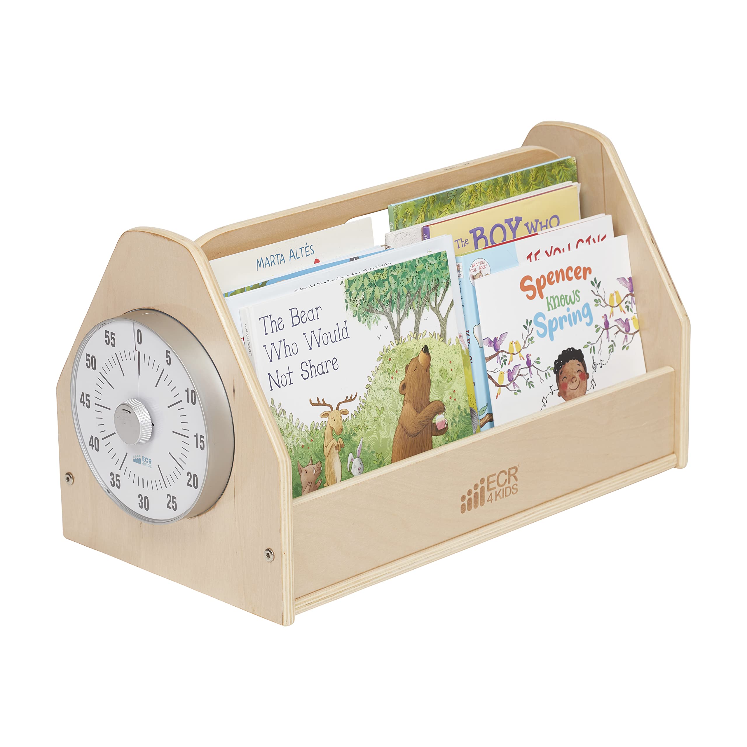 ECR4Kids Double-Sided Book Storage Caddy with Built-in Timer - Portable Classroom & Home Library Organizer - Natural Wooden Bookshelf for Kids Reading Corner & Teacher Supplies