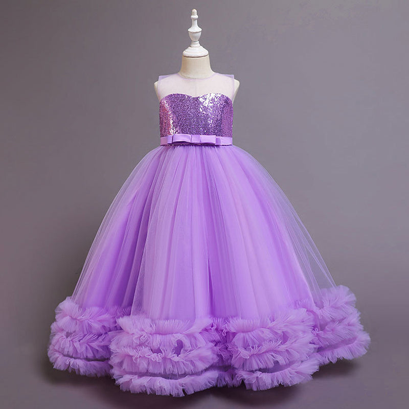 Elegant Floor Length Tulle Sequin Flower Girl Dress - Sleeveless A-Line Princess Gown for Weddings & Special Occasions