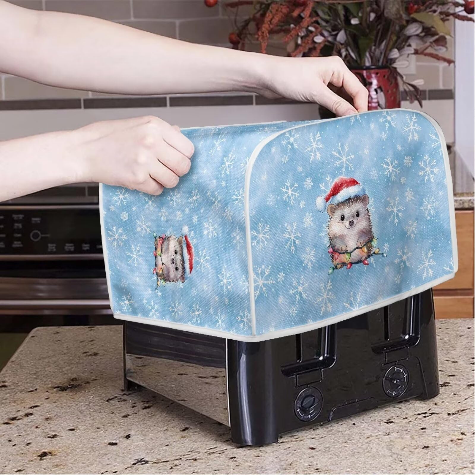 Xoenoiee Hedgehog Snowflake Blue Pattern Toaster Cover for 2 Slice Toasters - Dust Proof Kitchen Appliance Protector - Christmas Kitchen Decor - Perfect for Holiday Baking and Breakfast Protection