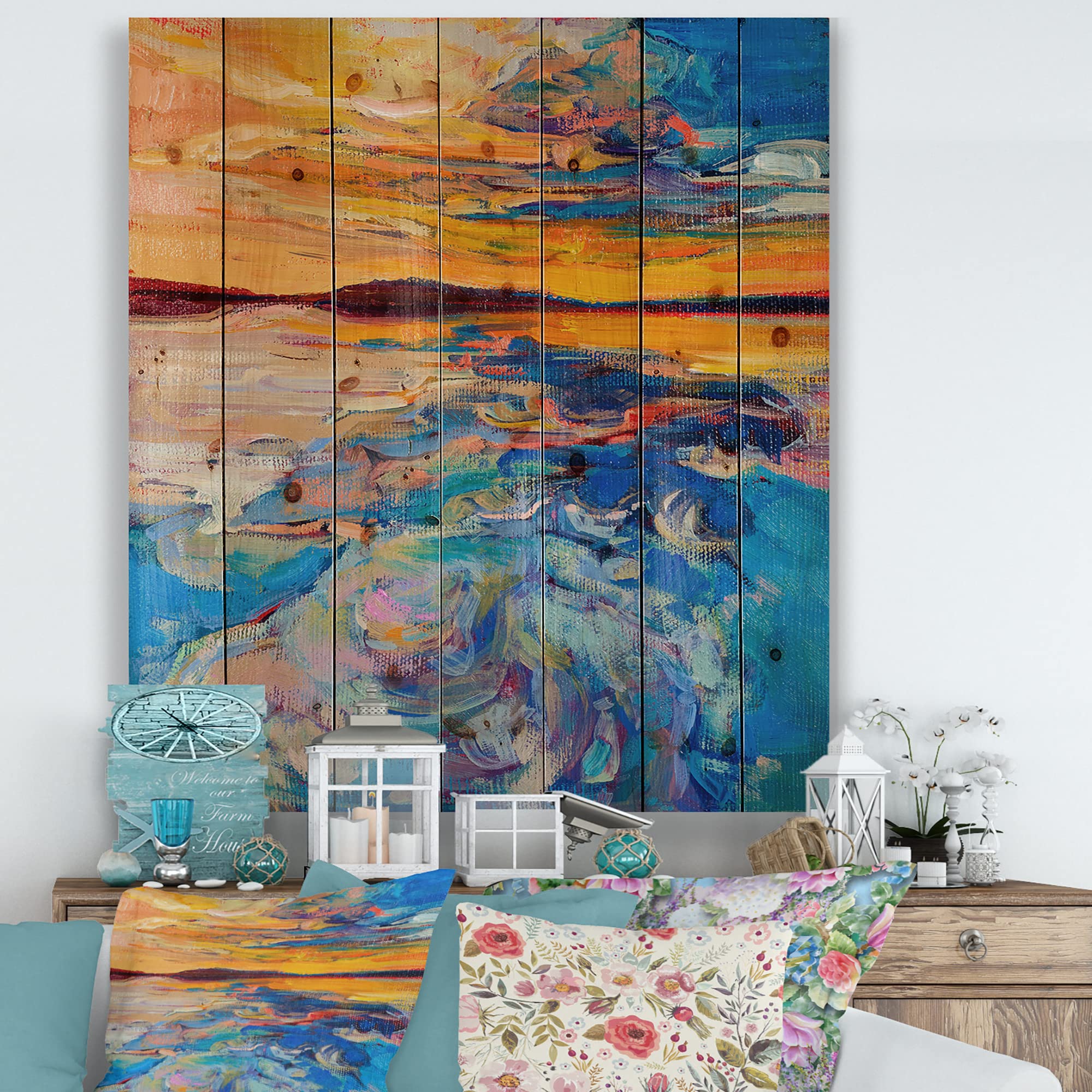 Orange Sunset Over Blue Waves Coastal Wood Wall Art - Large Abstract Nautical Wood Panel Decor Printed on Natural Pine - Perfect for Beach House, Living Room & Office Wall Decor