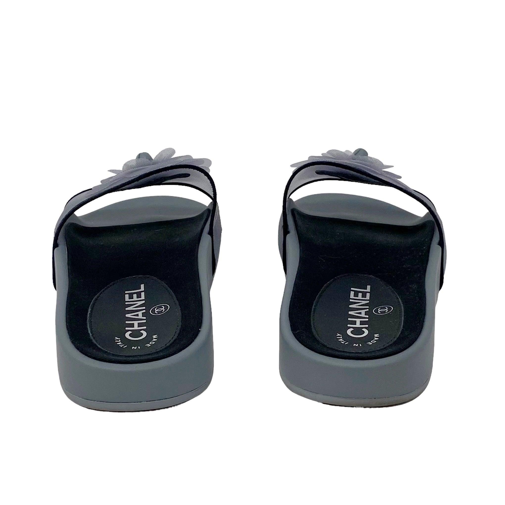 Chanel Gray Mesh Camellia Slides Size 36 - Women's Luxury Comfortable Summer Sandals for Beach, Pool & Casual Outings