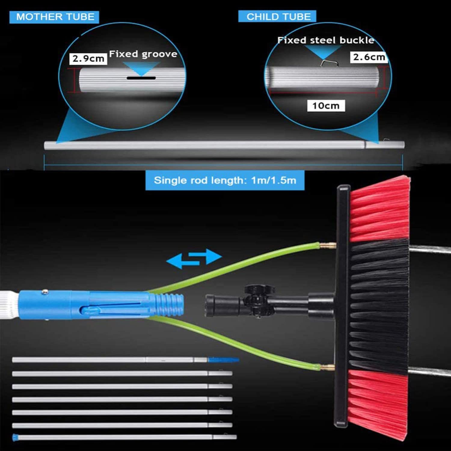 5-10M Extendable Window Cleaning Pole Kit with Brush - Water/Hose Fed for Solar Panels & Photovoltaic Cleaning - Perfect for High Windows & Hard-to-Reach Areas (7M Size)