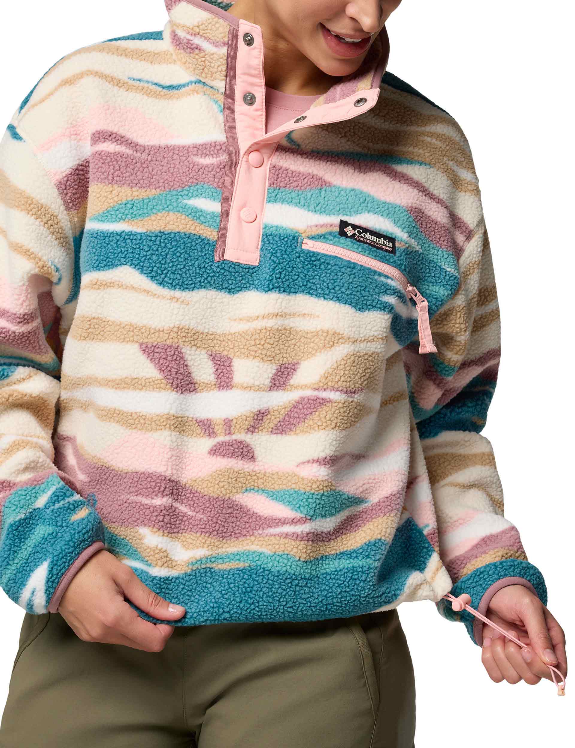 Helvetia II Cropped Sherpa Fleece Jacket - Half Snap Front, Printed Design in River Blue - Cozy Winter Outerwear for Women | Perfect for Hiking, Camping & Casual Outfits