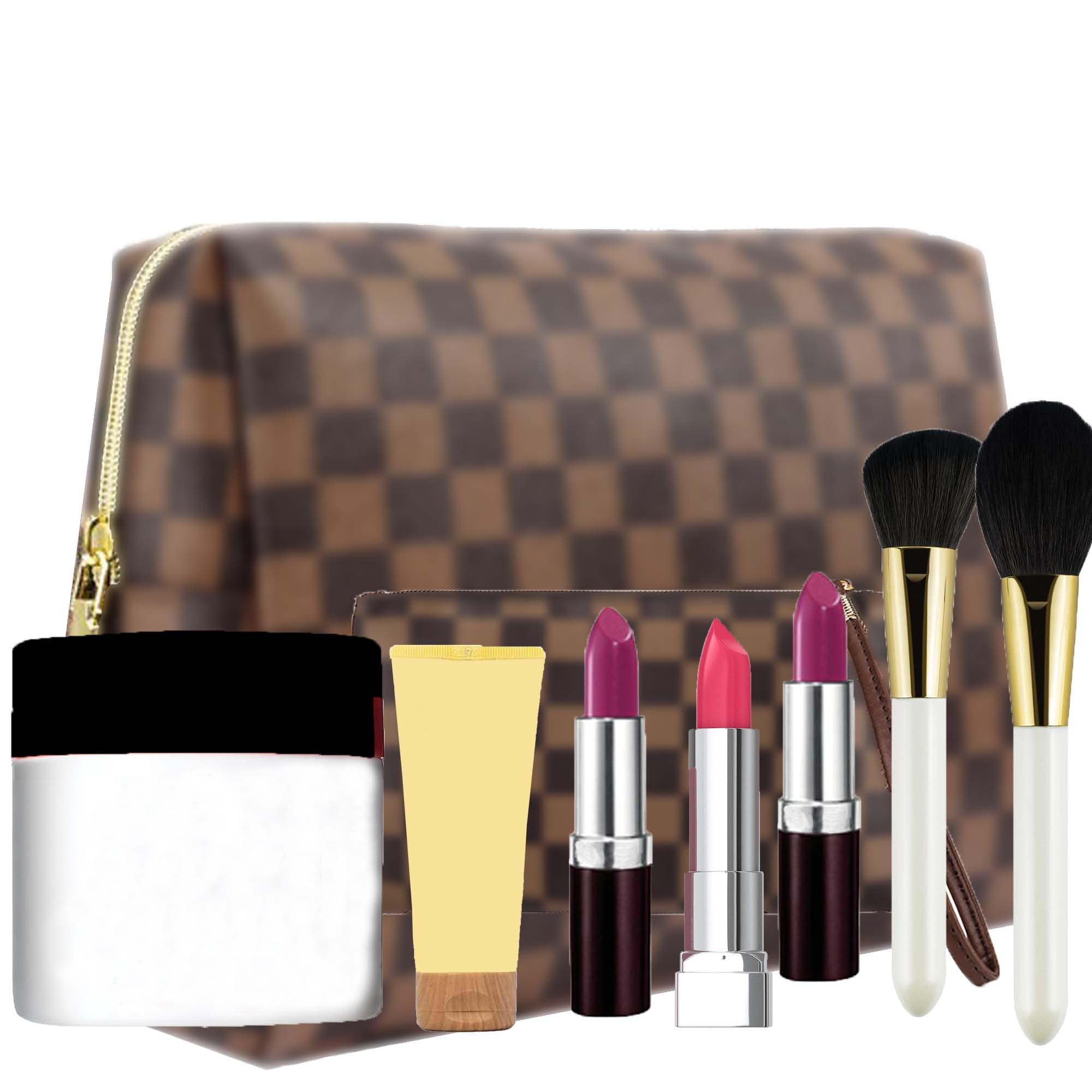 Stylish Leather Checkered Makeup Bag 2-Pack - Large Capacity Waterproof Cosmetic Organizer for Women | Travel Toiletry Case, Christmas Gift Idea for Makeup Lovers (Perfect for Air Travel, Gym Essentials & Daily Beauty Storage)