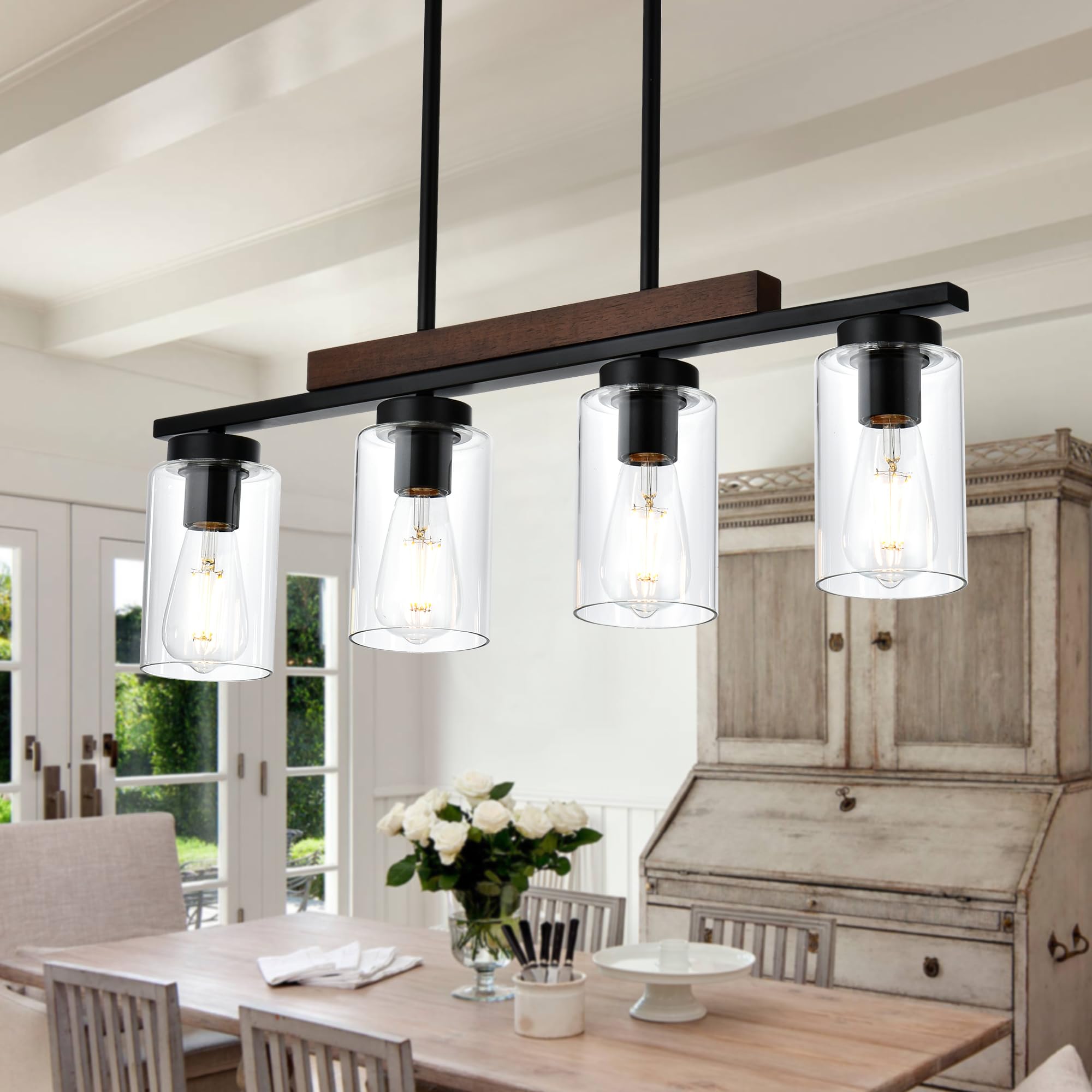 4-Lights Farmhouse Pendant Lighting Fixture - Modern Black Kitchen Island Chandelier with Clear Glass Shades & Wood Frame - Perfect for Dining Room, Kitchen Island, Bar Counter, and Farmhouse Decor