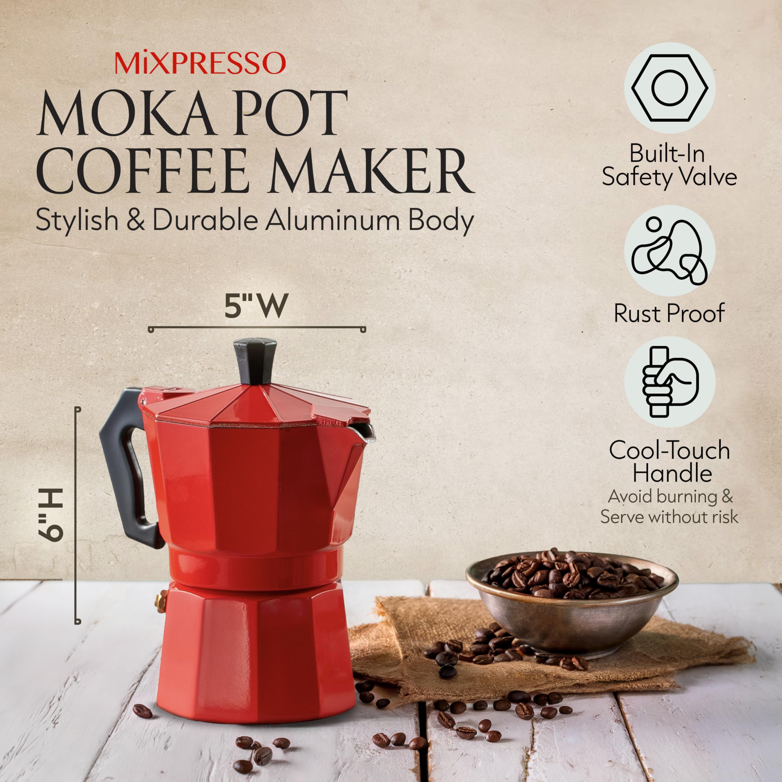 Mixpresso Aluminum Moka Stove Top Coffee Maker with 5oz Coffee Mug - Classic Italian Espresso Maker for Gas & Electric Stoves - 3 Cup Greca Moka Pot for Home, Office & Camping Use