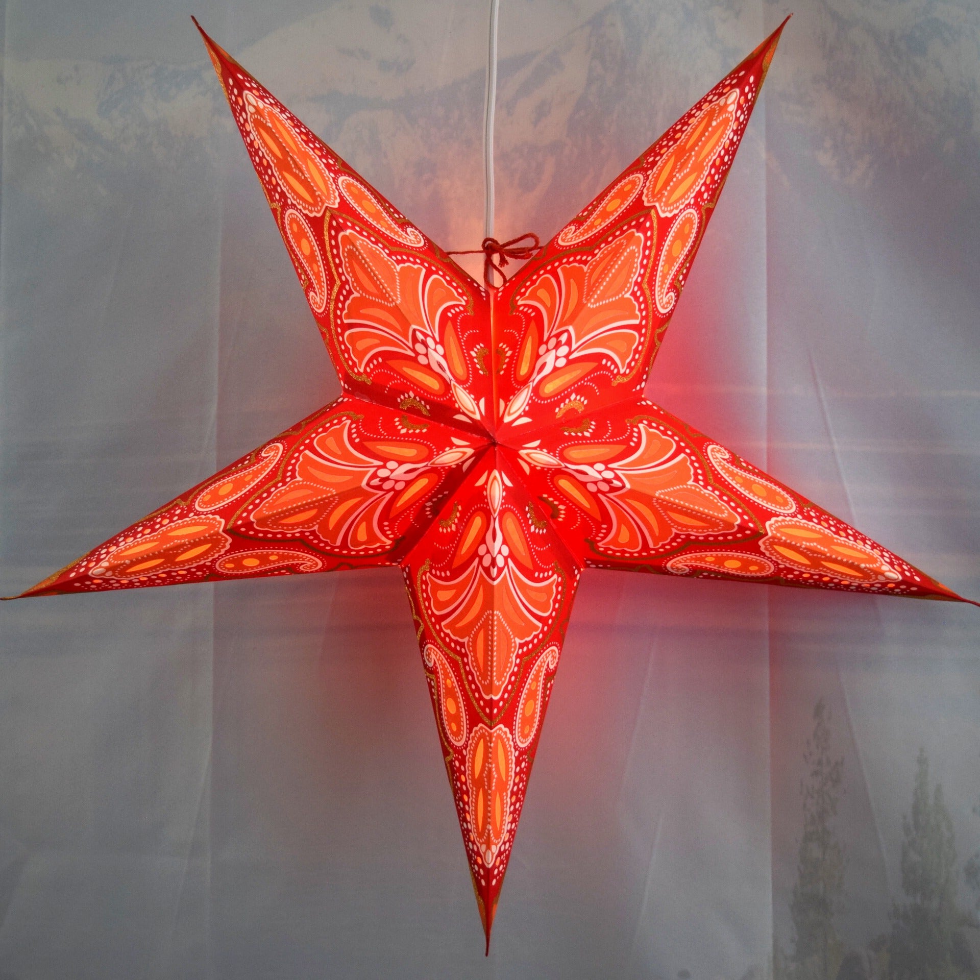 24 Inch Red Glitter Paper Star Lantern with Aura Glow - Perfect for Christmas Decorations, Party Decor, and Home Lighting