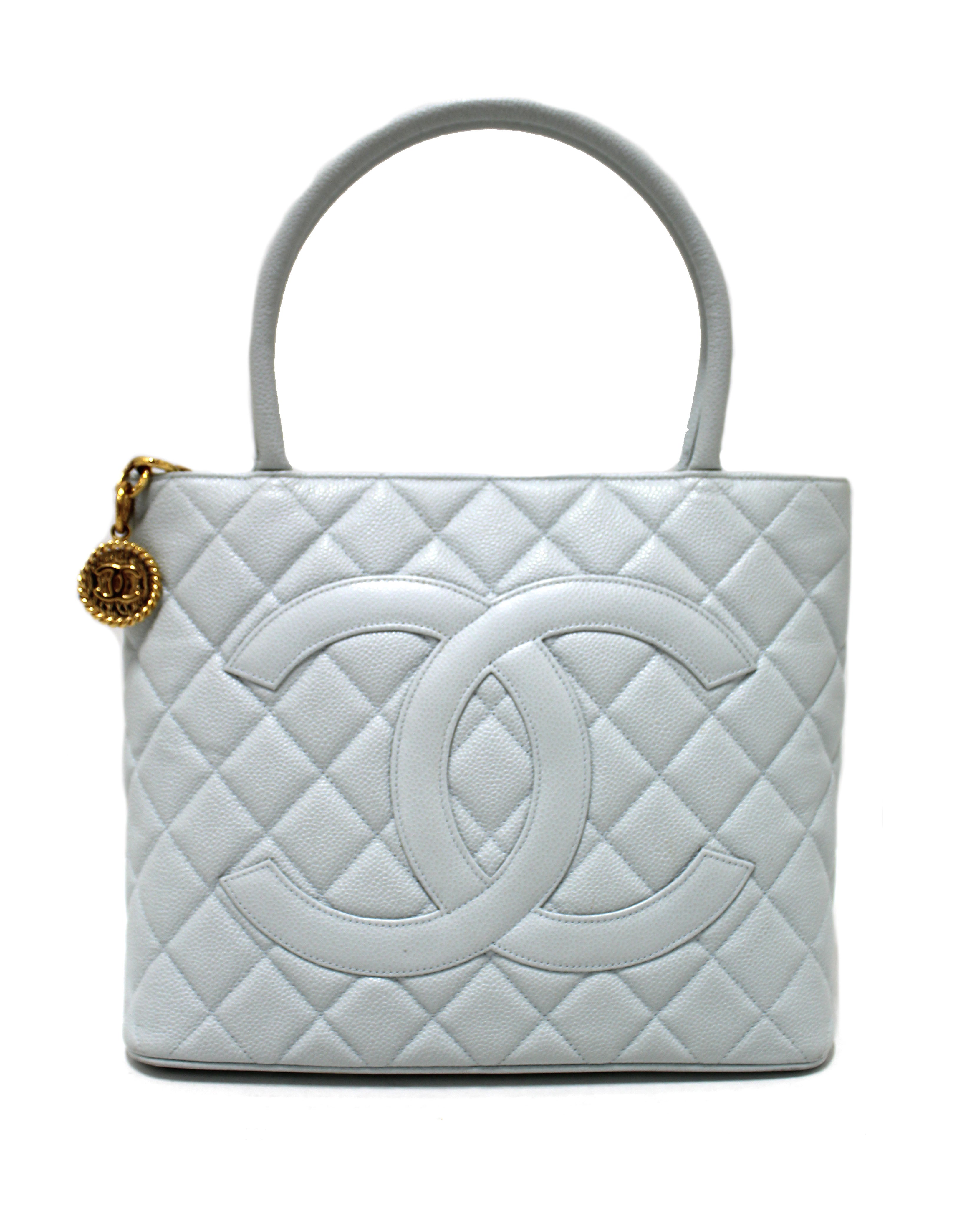 Authentic Chanel Light Blue Caviar Leather Medallion Shoulder Tote Bag - Luxury Designer Handbag for Women | Perfect for Work, Travel & Everyday Use
