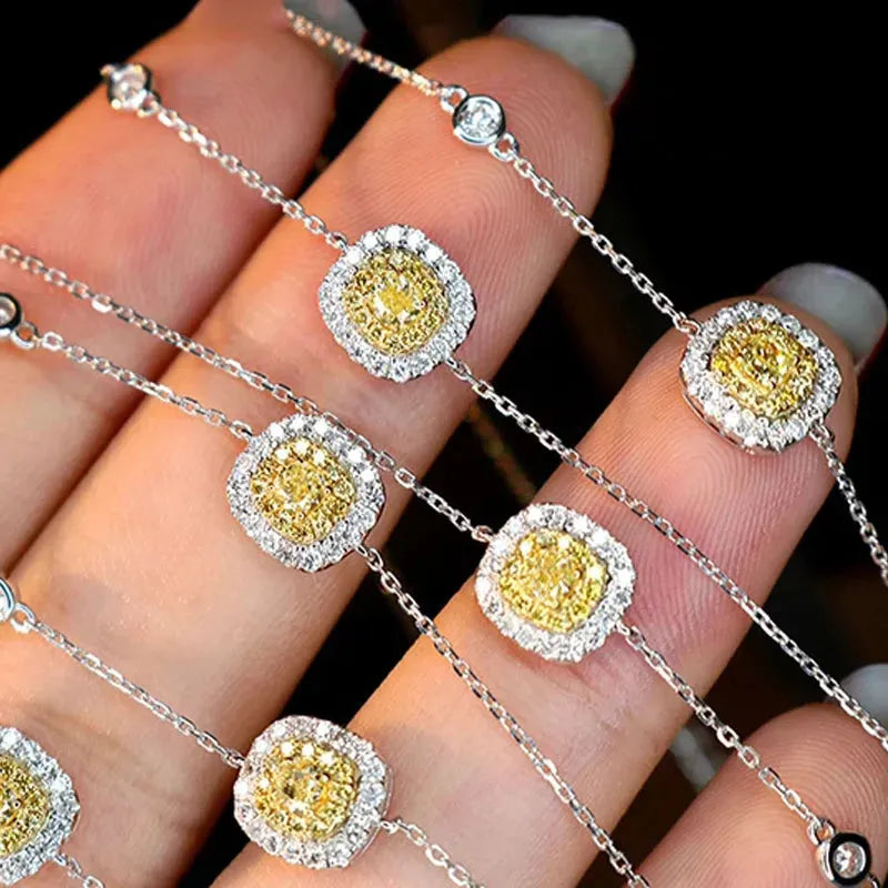 18K White Gold Bracelet with Real Natural Yellow Diamonds - Classic Square Design Fine Jewelry for Women - Perfect Gift for Birthday, Anniversary & Special Occasions