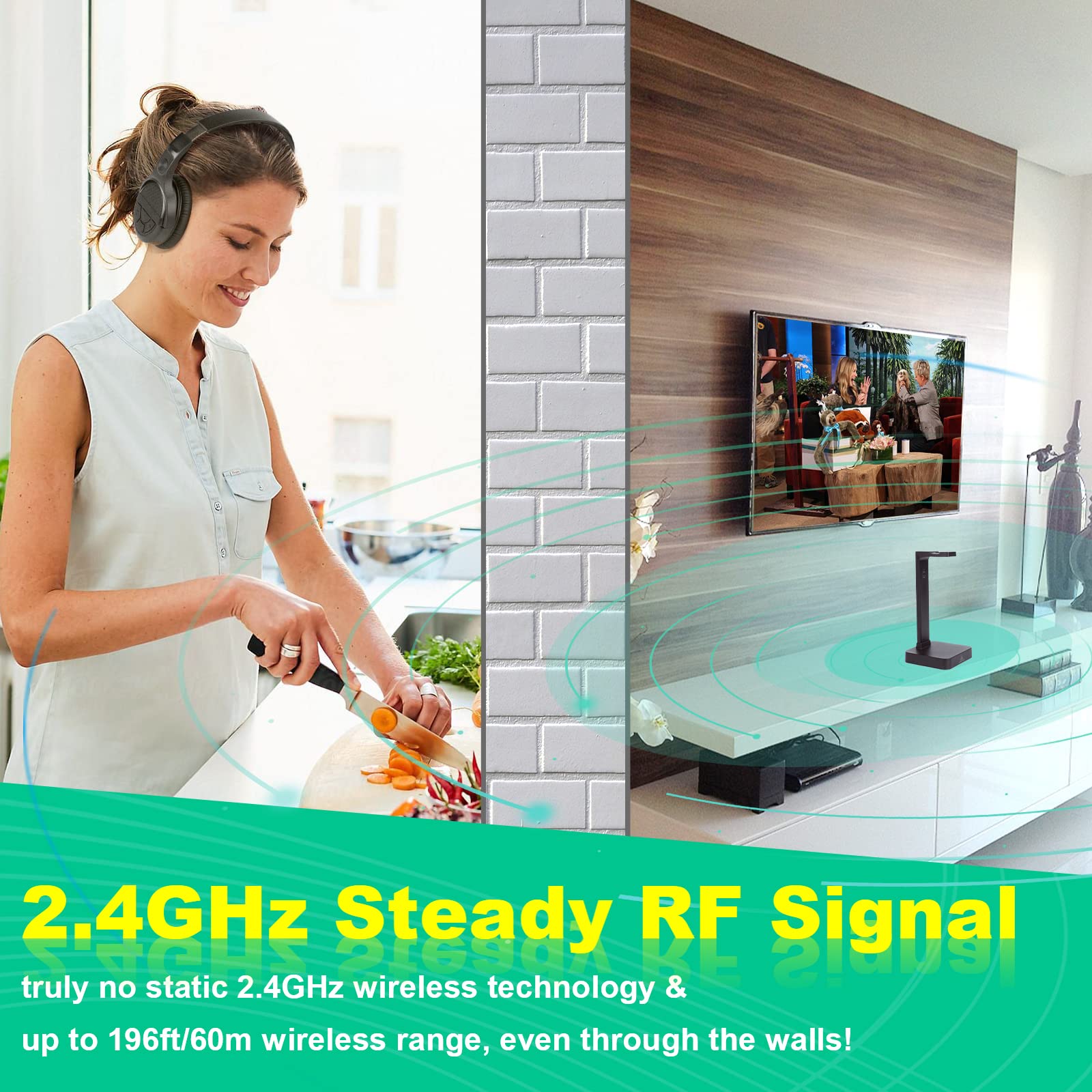 MONODEAL Wireless Headphones for TV Watching - 2.4GHz RF Over-Ear Headset with Digital Optical/RCA Transmitter, 197ft Range, 3 Audio Modes & 10Hr Playtime - Perfect for Late Night TV, Gaming & Home Theater Systems
